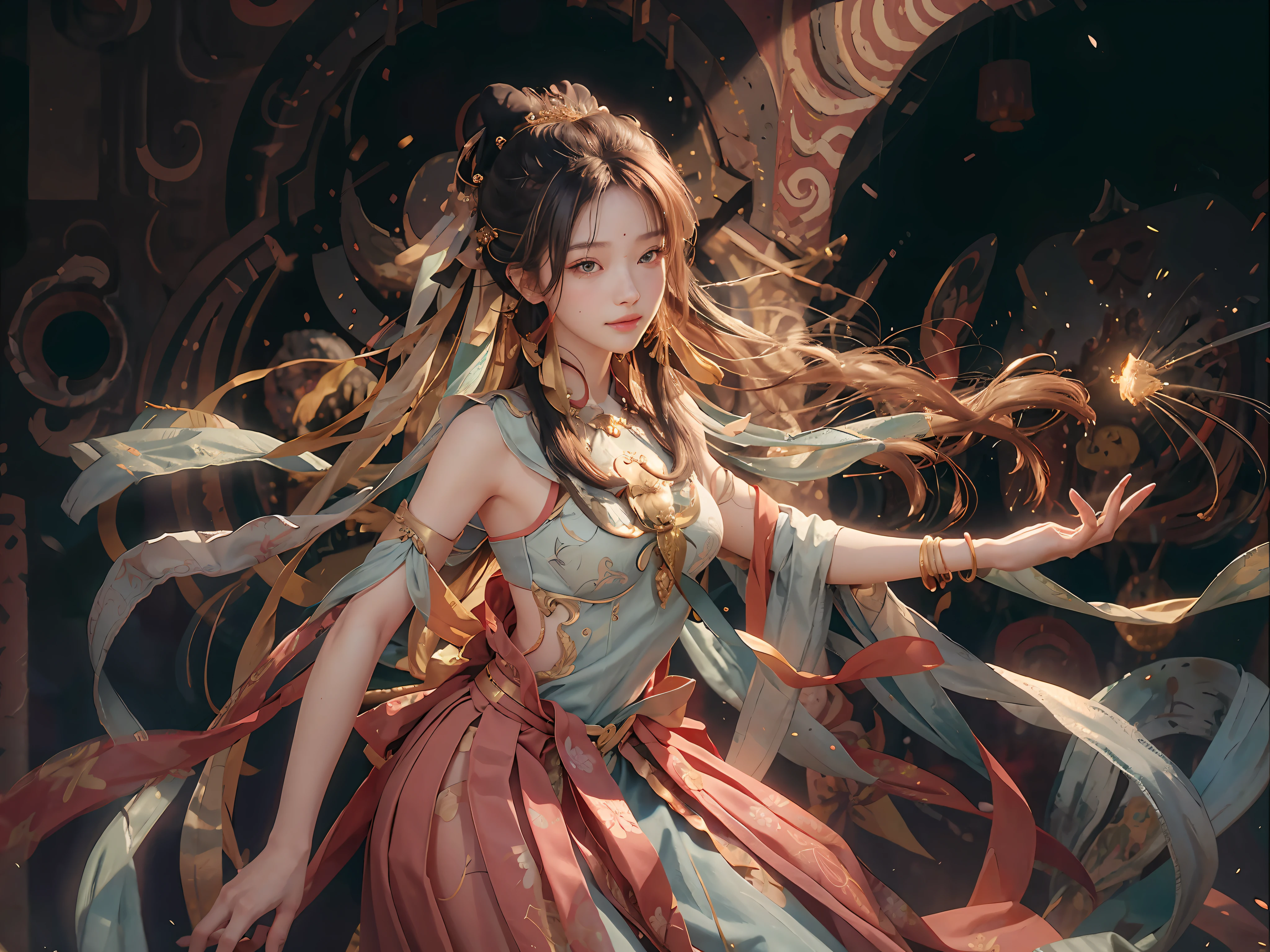 (RAW Photo, Best Quality), (Realistic, Photo Real: 1.3), Best Quality, Highly Detailed, Masterpiece, Ultra Detailed, Illustration, 1 Girl, upper_body, Dynamic Angle, World Mastery Theater, messy_long_hair, Best Quality, Extremely Detailed CG Uniform 8k Wallpaper, Ink, Amazing, Sexy, Peach Blossom Eyes, Smile, Movie Lights, lens_flare, dunhuang_style