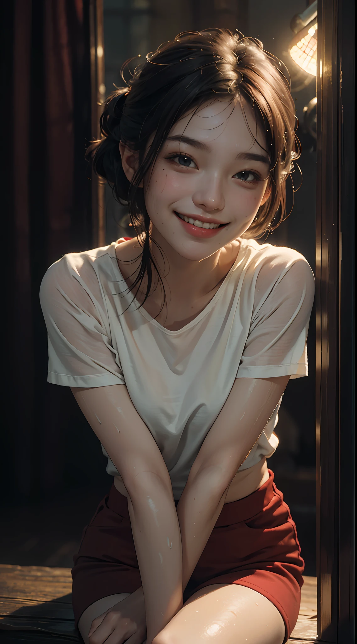 Top quality, masterpiece, ultra high definition, (Reality: 1.4), Original photo, 1Girl, cinematic lighting, smile, bright, photo-like, sweaty, face red, pose to take photo