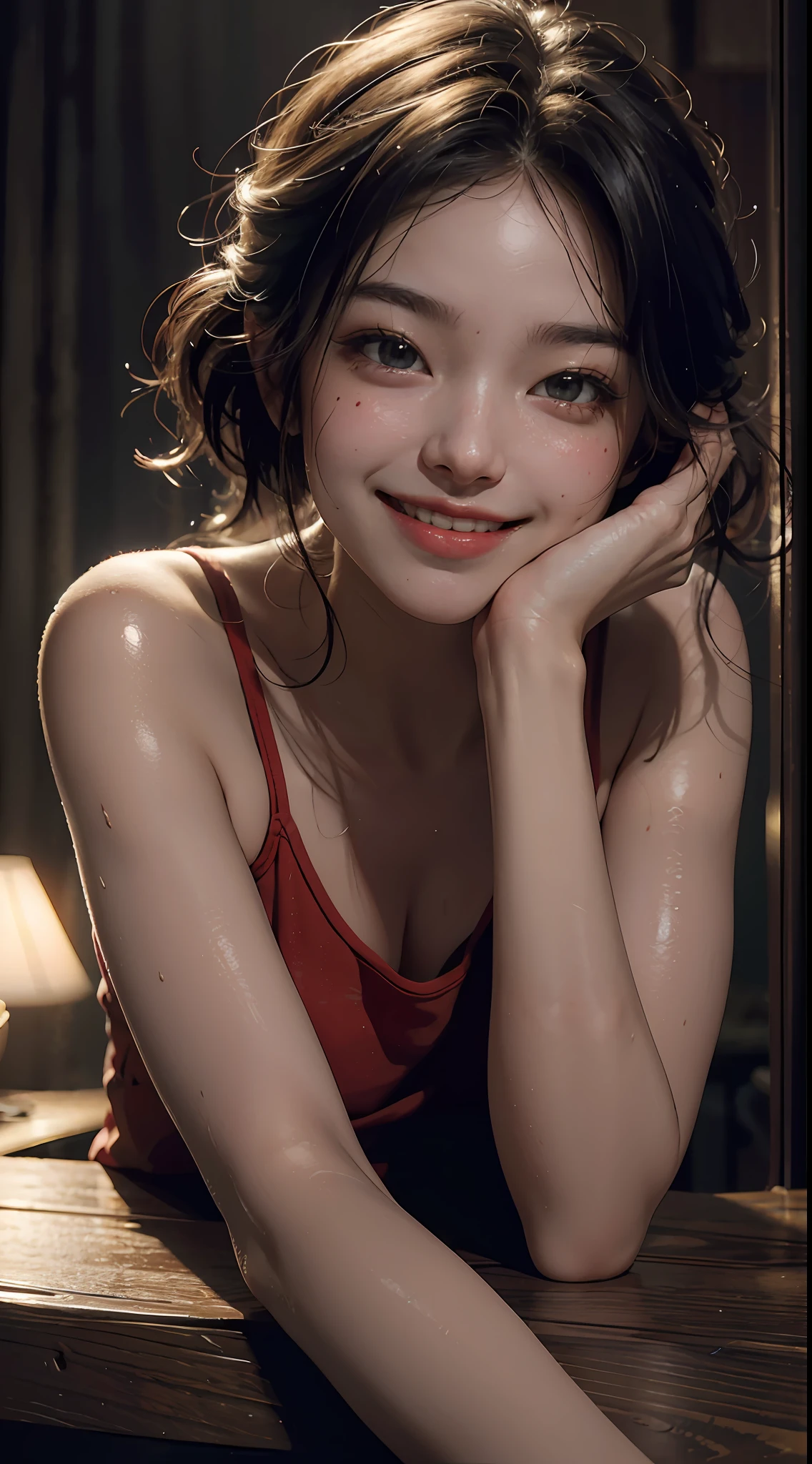 Top quality, masterpiece, ultra high definition, (Reality: 1.4), Original photo, 1Girl, cinematic lighting, smile, bright, photo-like, sweaty, face red, pose to take photo