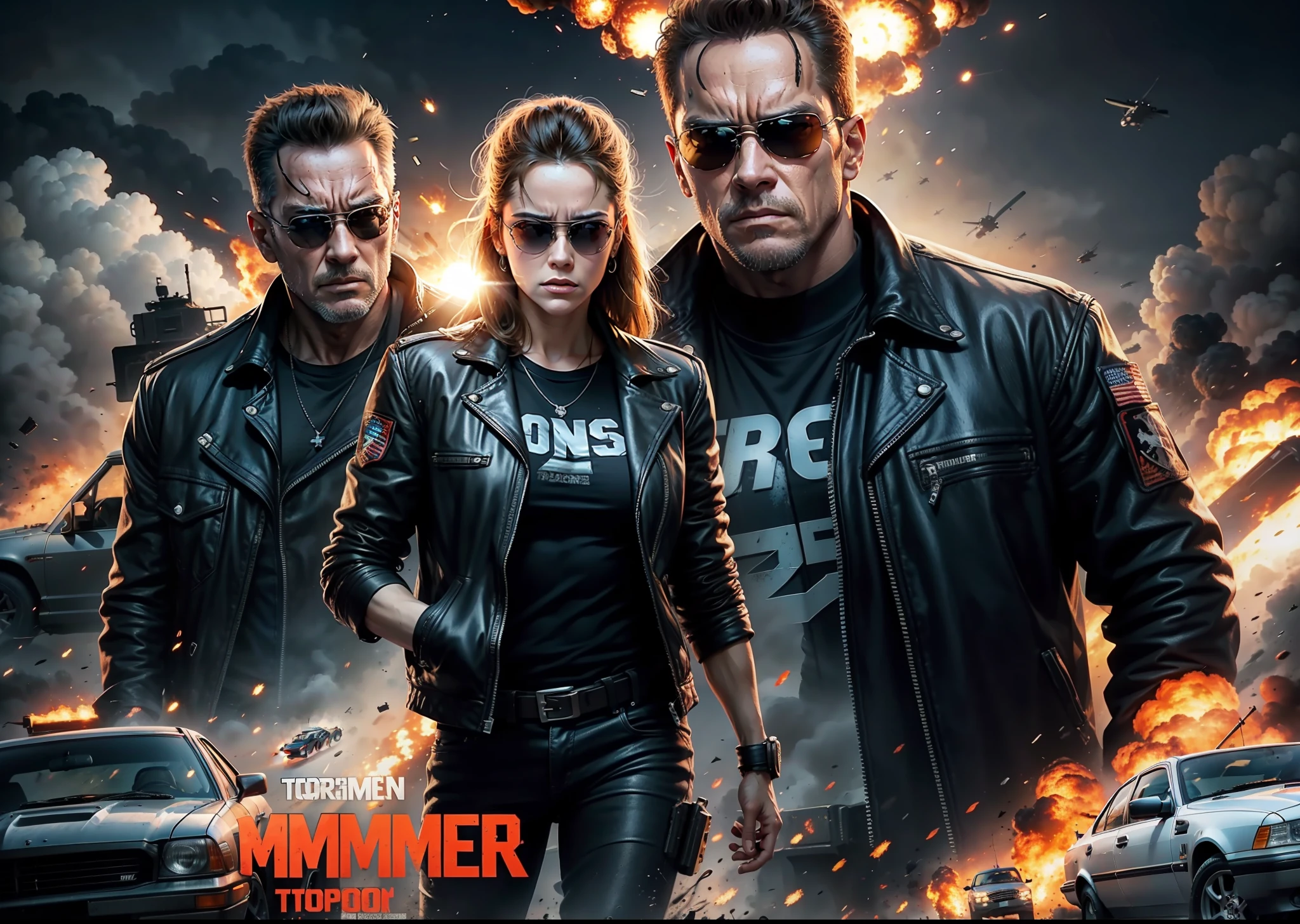 terminator movie poster, explosions, guns, cars, aviões