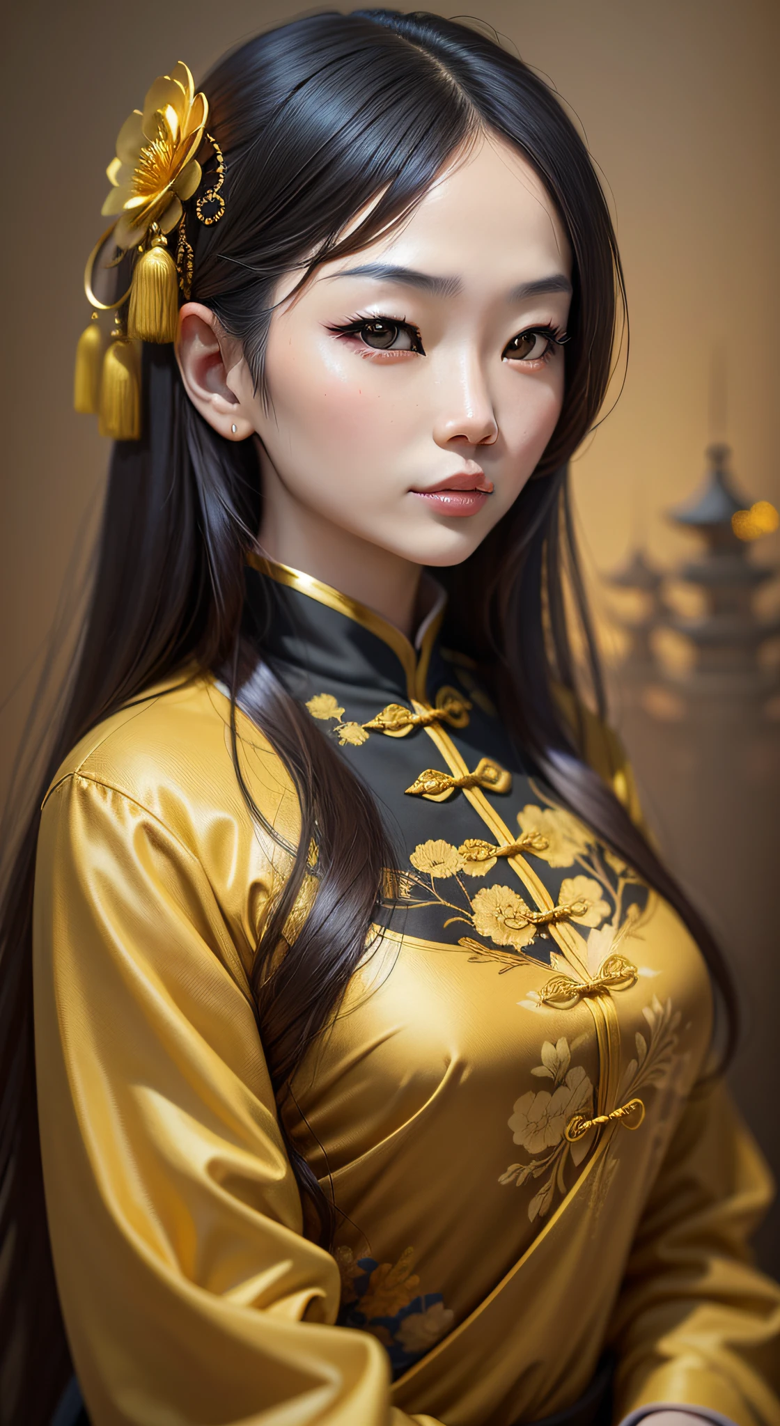 Chinese woman, background Chinese elements, golden splendor, mixed art of photography and reality, real person, realistic, elegant style