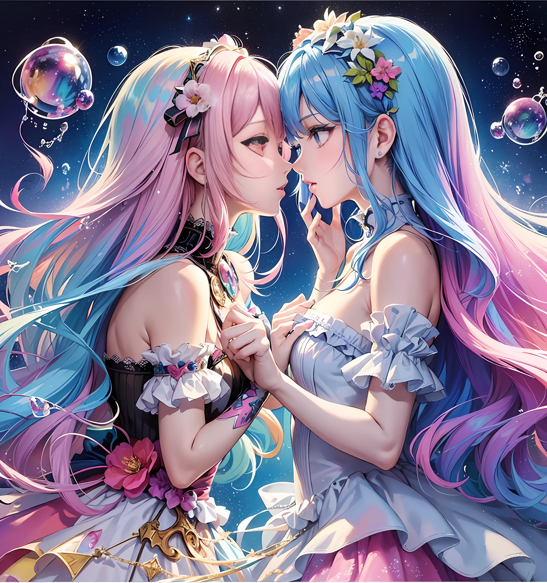 (Masterpiece, Top Quality, Best Quality, Watercolor (medium), Official Art, Beautiful and Aesthetic: 1.2), (2 Girls: 1.3), Dynamic Kiss, (Fractal Art: 1.3), Dynamic Pose, Fantastic, Pattern, (Iridescent Hair, Colorful Hair, Half Blue and Half Pink Hair: 1.2), Sky, Colorful, Soap Bubbles, Deep Kiss