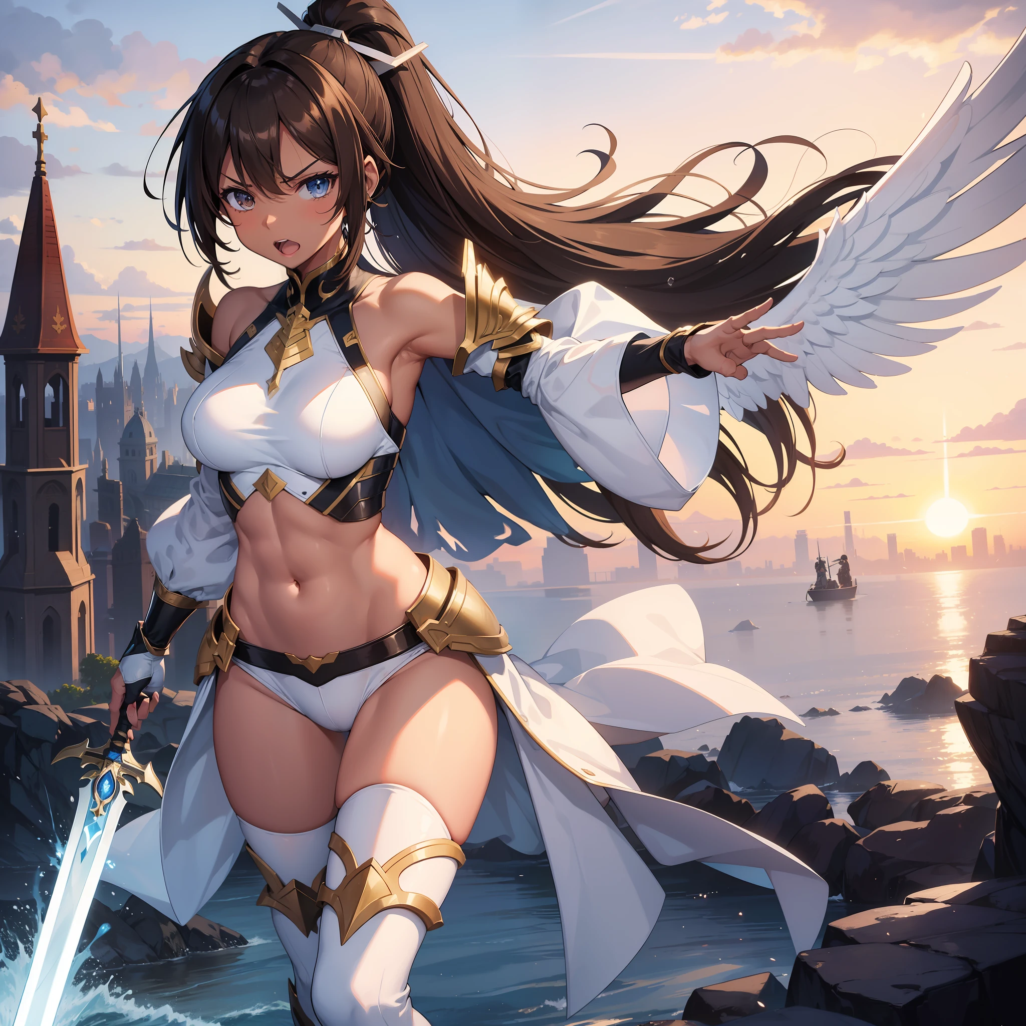 fantasy, 1angel_girl, brown_hair, ponytail_hair, (dark_skin)+, bare_shoulder, navel, thigh,silver_shiny_armor, white_clothes,waist_armor, glebe, hold_swords, big_, angry, dynamic_fighting_pose, floating, (1pair_white_wings), (abs)0.9, sunrise_city_background,(pelvic_curtain)++, open_mouth, headgear, large_ass