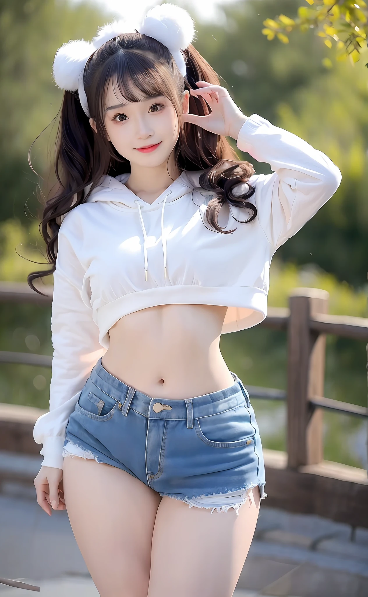 Realism, 8k, 1girl, long wavy curls, pale skin (Chinese beauty), (smiling) young beauty, thick eyebrows, ((D cup)), hoodie ((good figure)), (tight) denim shorts (light denim shorts), (ripped pants) small waist, wide thighs, standing one thigh up, wide thigh gap, legs apart