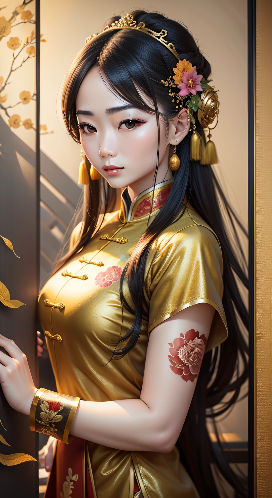 Chinese woman, background Chinese elements, golden splendor, mixed art of photography and reality, real person, realistic, elegant style