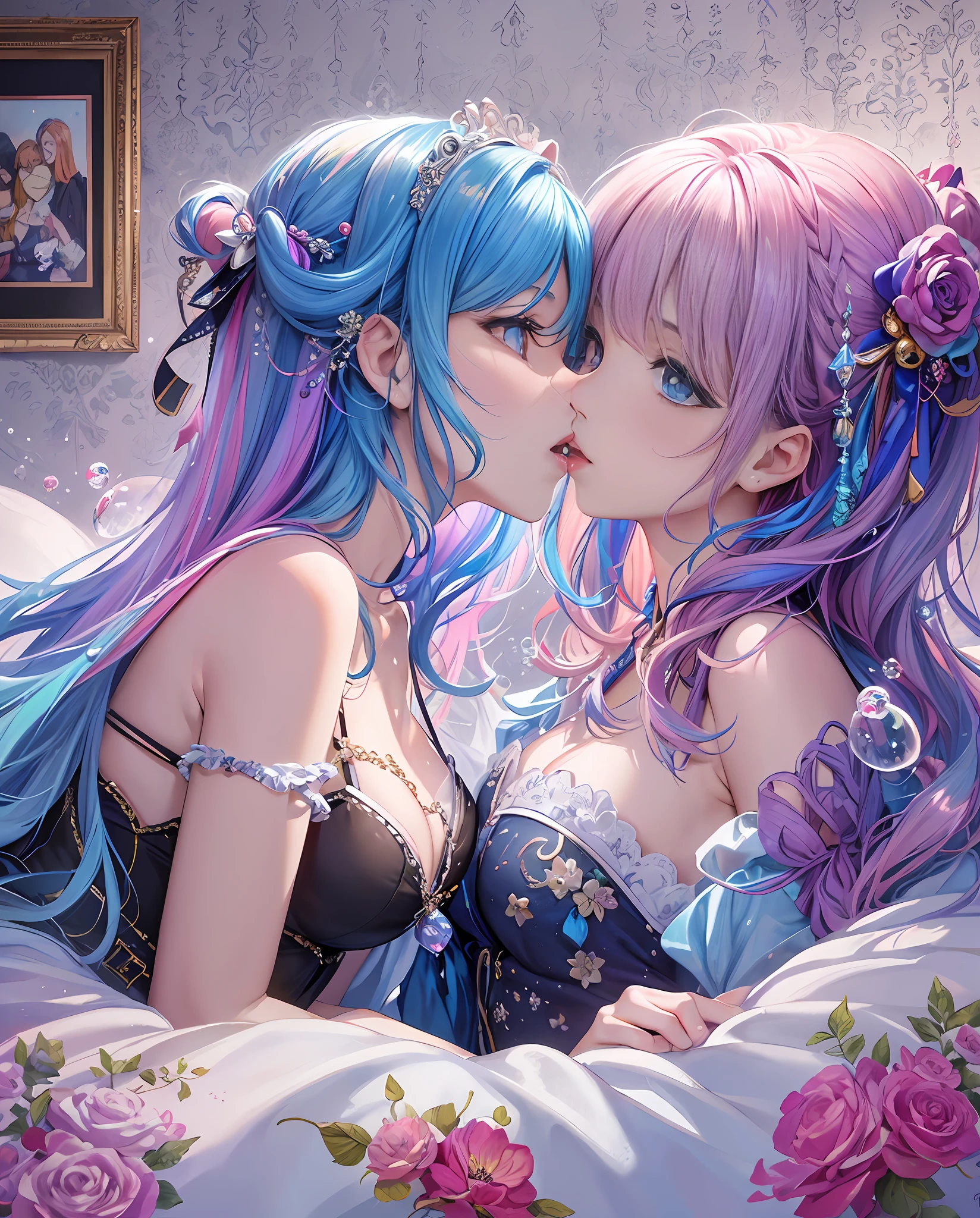 (Masterpiece, Top Quality, Best Quality, Watercolor (Medium), Official Art, Beautiful and Aesthetic: 1.2), (1 Girl: 1.3), Dynamic Kiss, (Fractal Art: 1.3), On the Bed, Upper Body, From the Side, Fantastic, Pattern, (Iridescent Hair, Colorful Hair, Half Blue and Half Pink Hair: 1.2), Sky, Colorful, Soap Bubbles, Deep Kiss