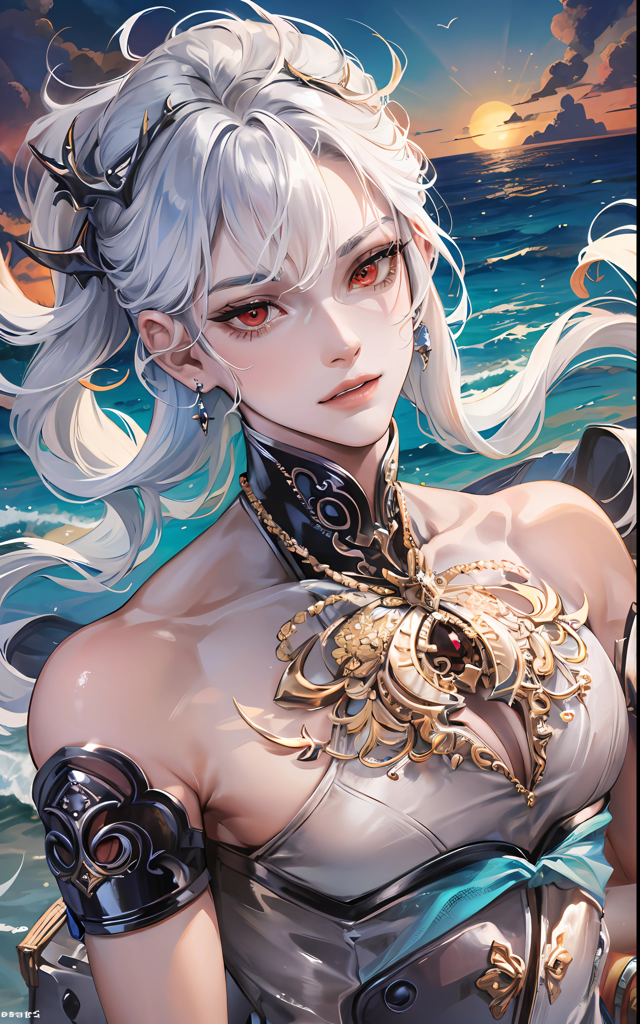 man, masculine, masculine face, attractive, muscular, ((1man)), masterpiece, absurdres, best quality ,intricate details , (shiny skin, shiny body, shiny oily luster skin, shiny hair, pale skintone), Sundown, attractive, ((muscular)), adult, one, earrings, Don't look at the view , Not looking at the view, silver hair, braided hair, perfect detailed face, perfect detailed hands, triton, fins, red eyes, triton ears, ((MLS)), smirk, medium large shoot, marine ornaments, beach in the background, fish tail, no legs