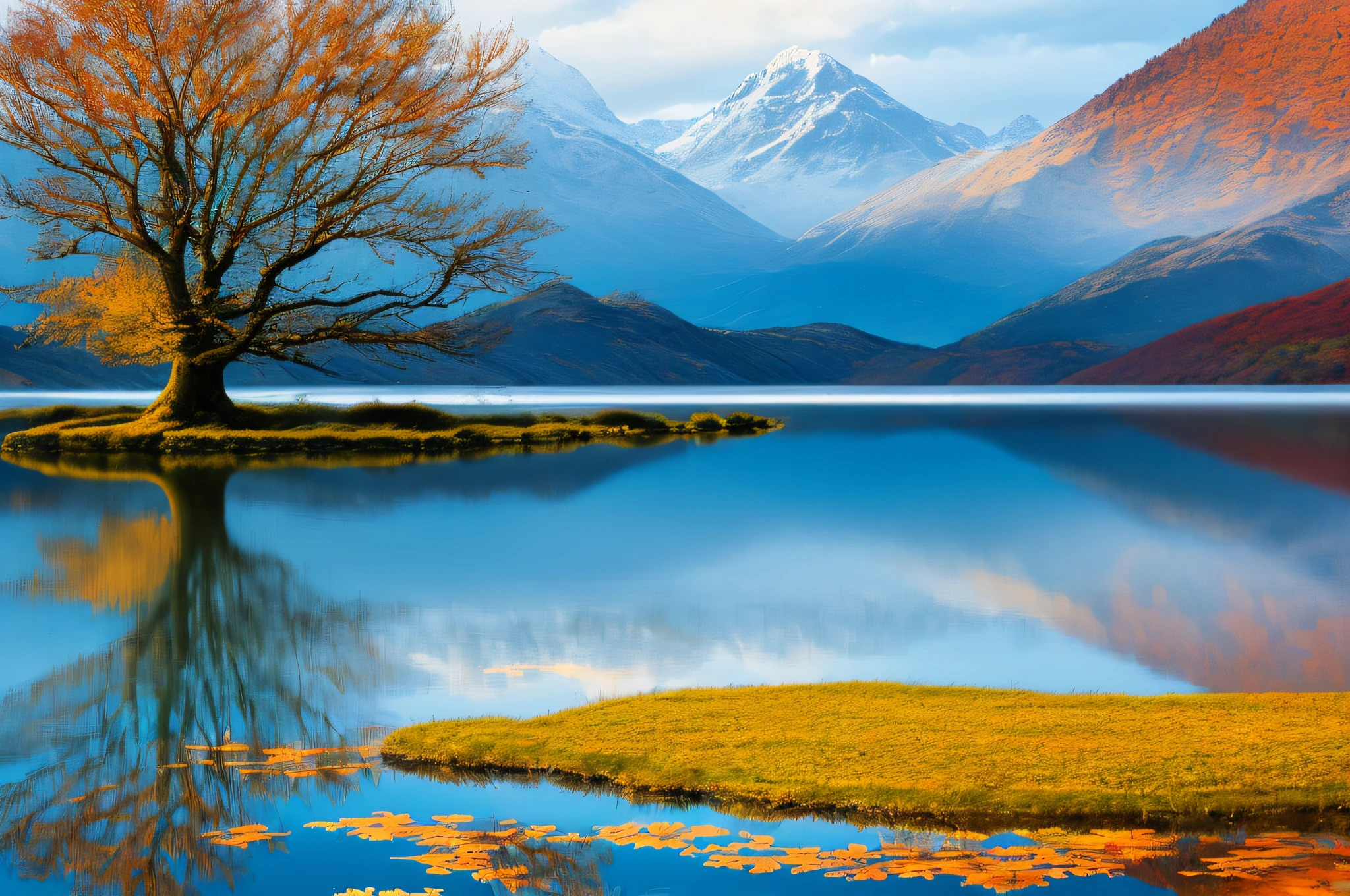 HD, High resolution, 8K, slow gate 30S, Araffed tree in the middle of the lake, background is a mountain, tree on calm sea, peaceful landscape, reflected on the water, still water calm as a mirror, autumn tranquility, smooth reflection, reflection of water, clear reflection, calm water, reflection of lake, tranquility, in peaceful landscape, smooth reflection, reflection on the water