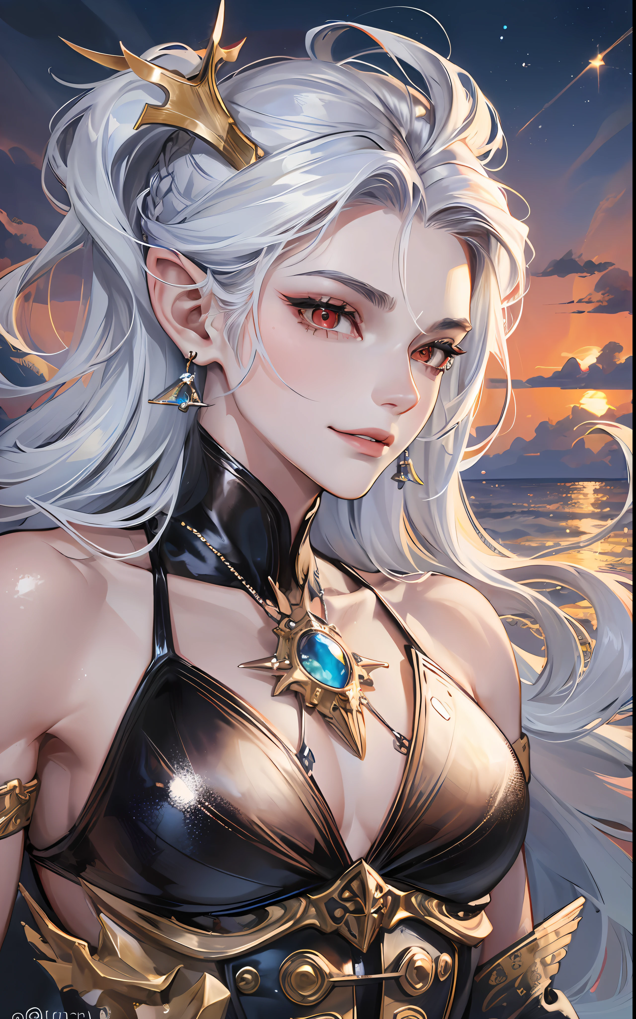 man, masculine, masculine face, attractive, muscular, ((1man)), masterpiece, absurdres, best quality ,intricate details , (shiny skin, shiny body, shiny oily luster skin, shiny hair, pale skintone), Sundown, attractive, ((muscular)), adult, one, earrings, Don't look at the view , Not looking at the view, silver hair, braided hair, perfect detailed face, perfect detailed hands, triton, fins, red eyes, triton ears, ((MLS)), smirk, medium large shoot, marine ornaments, beach in the background, fish tail, no legs