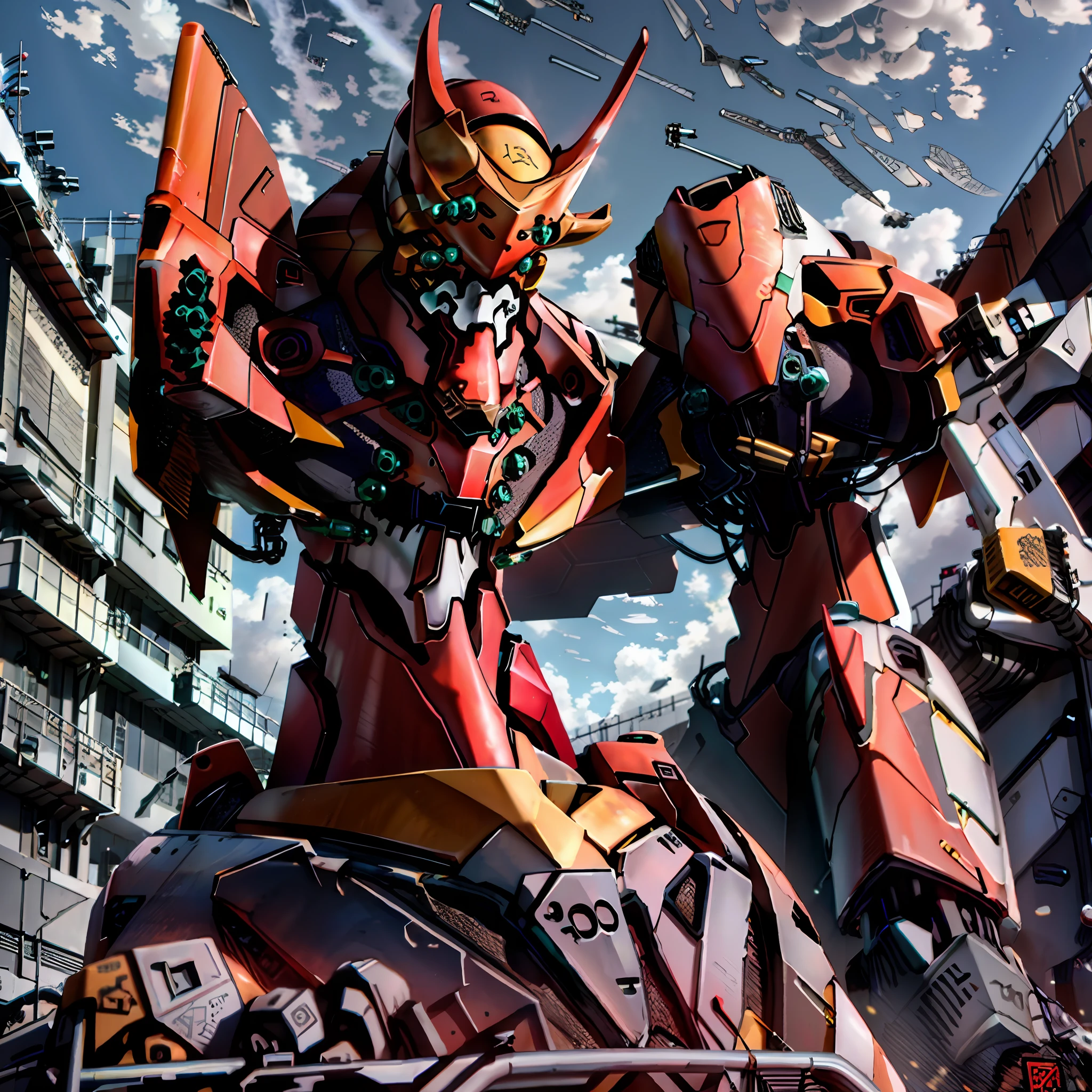 ((eva 02), evagod:1.1), evagenlion, concept design, sci-fi character design, science fiction, giant robot, advanced metal and ceramic mecha, accurate EVA 02 head details, Japan shopping street tech, giant android, (outdoor, sky, clouds), global illumination, rim lights, octane rendering, Ray tracing, 4K, Top quality, Masterpiece, High definition, Very detailed, Scientific anatomy, Carbon fiber, Titanium alloy, Ultrareal, Anatomical, Beautiful Tokyo-3 background, CG, Unity, Wallpaper, Futurism, Magnificent sense, Doomsday, Sci-fi fighter, Giant machine, Right perspective