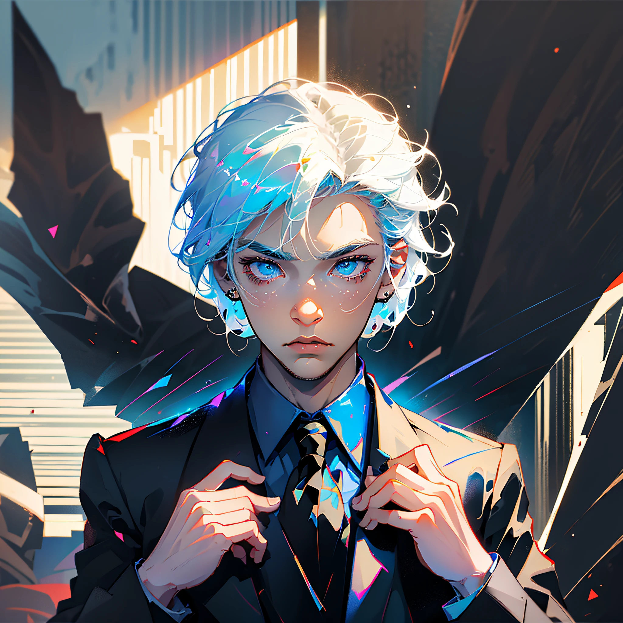 (pixel style + cartoon), (black suit + white tie), (short blue hair + blue eyes), (1 boy) --auto --s2
