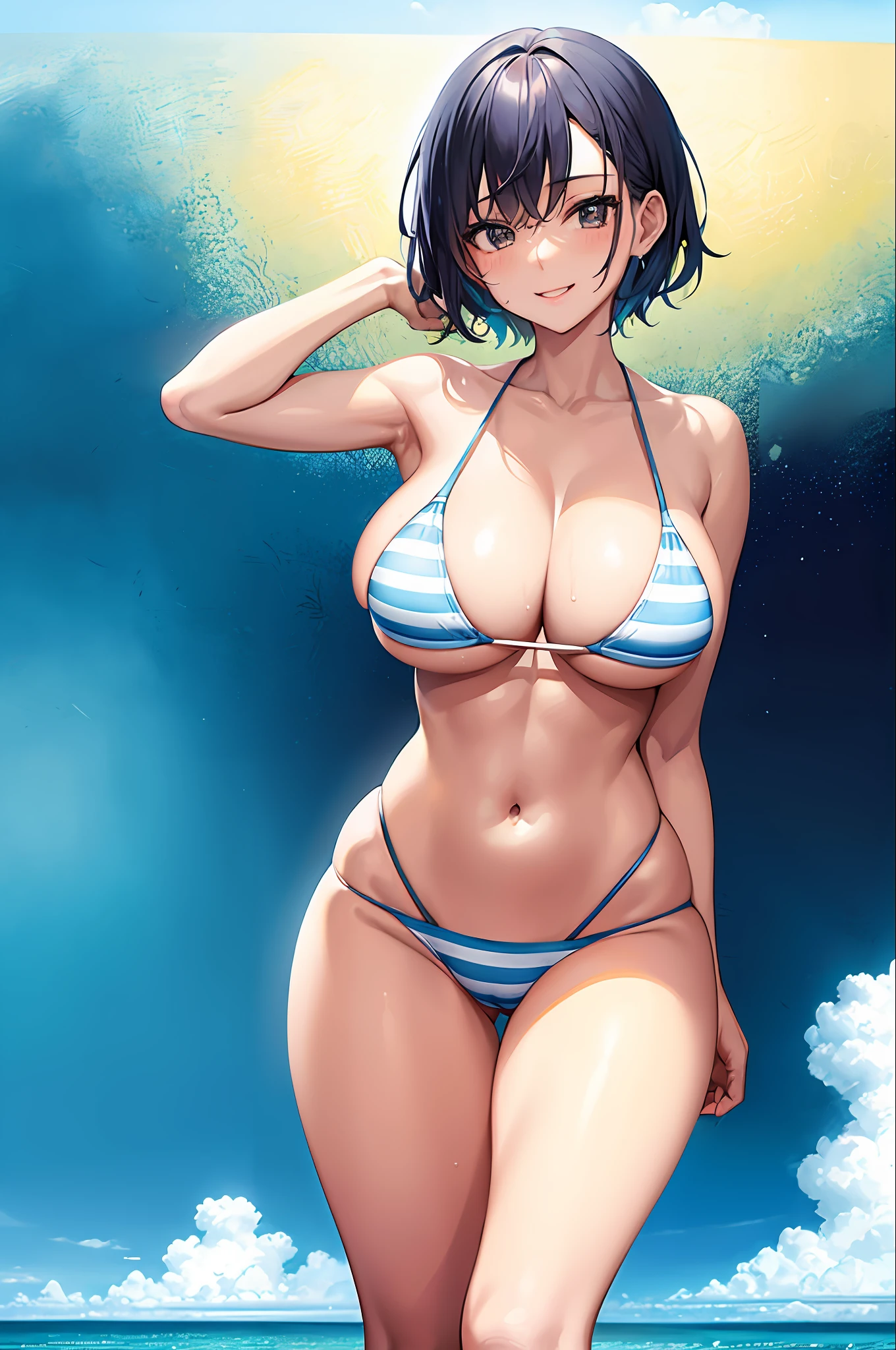 One girl, striped bikini, young, cute, beautiful girl, blue hair shorthair, huge breasts, back figure, beautiful ass, wet body, perfect body, smiling, turning around, watching viewer, seaside, best image quality, best quality, super high definition, masterpiece,