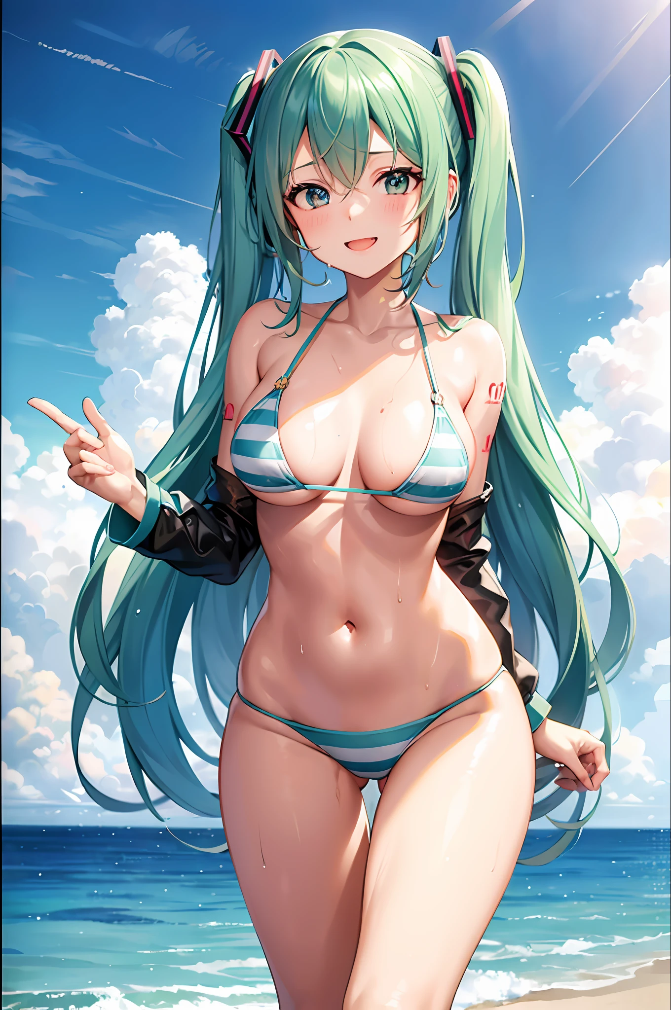 One girl, striped micro bikini, young, cute, beautiful girl, (Hatsune Miku), huge breasts, face and chest close-up, upper body only, wet body, perfect body, smile, seaside, best quality, super high definition, masterpiece,
