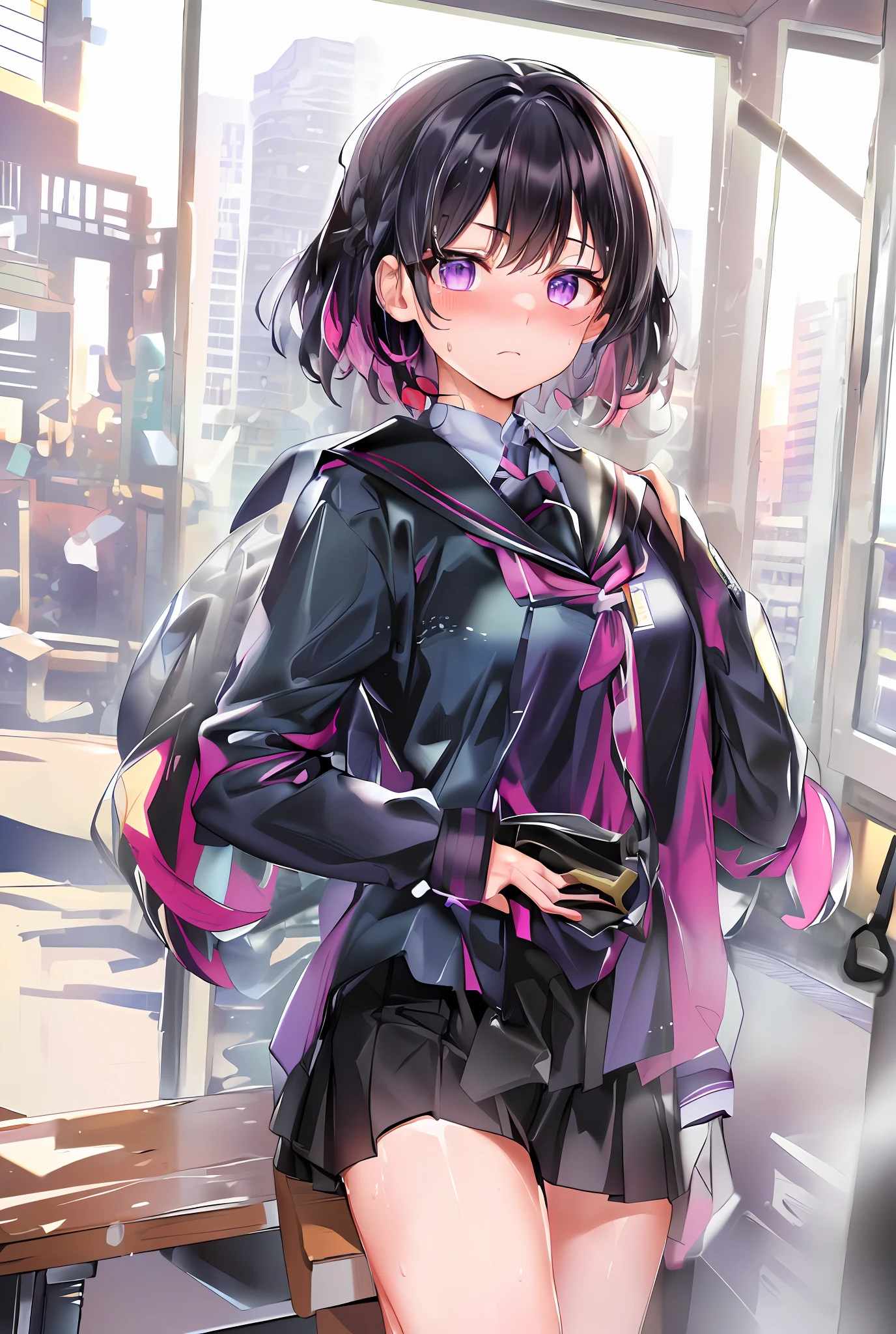 modelshoot style, (masterpiece:1.3), (absurdres:1.3), (best quality:1.3), (8K), (large masterpiece digital art), (detailed manga illustration), (handled hair), perfect anatomy, (intricate details:1.3), (ultra-detailed:1.3), (illustration:1.3), (sharp focus:1.3), (vivid colors:1.3), 1girl, solo,  azki, idol, (short hair:1), hair between eyes, multicolored hair, (two-tone hair, pink hair, black hair), purple eyes, floating hair, leaning back, (sweat, sweatdrops), (wet, wet clothes, wet hair, glossy), miniskirt, partially unbuttoned, sitting, from above, (shy, embarassed, blush), (classroom, school desk, school chair, window)