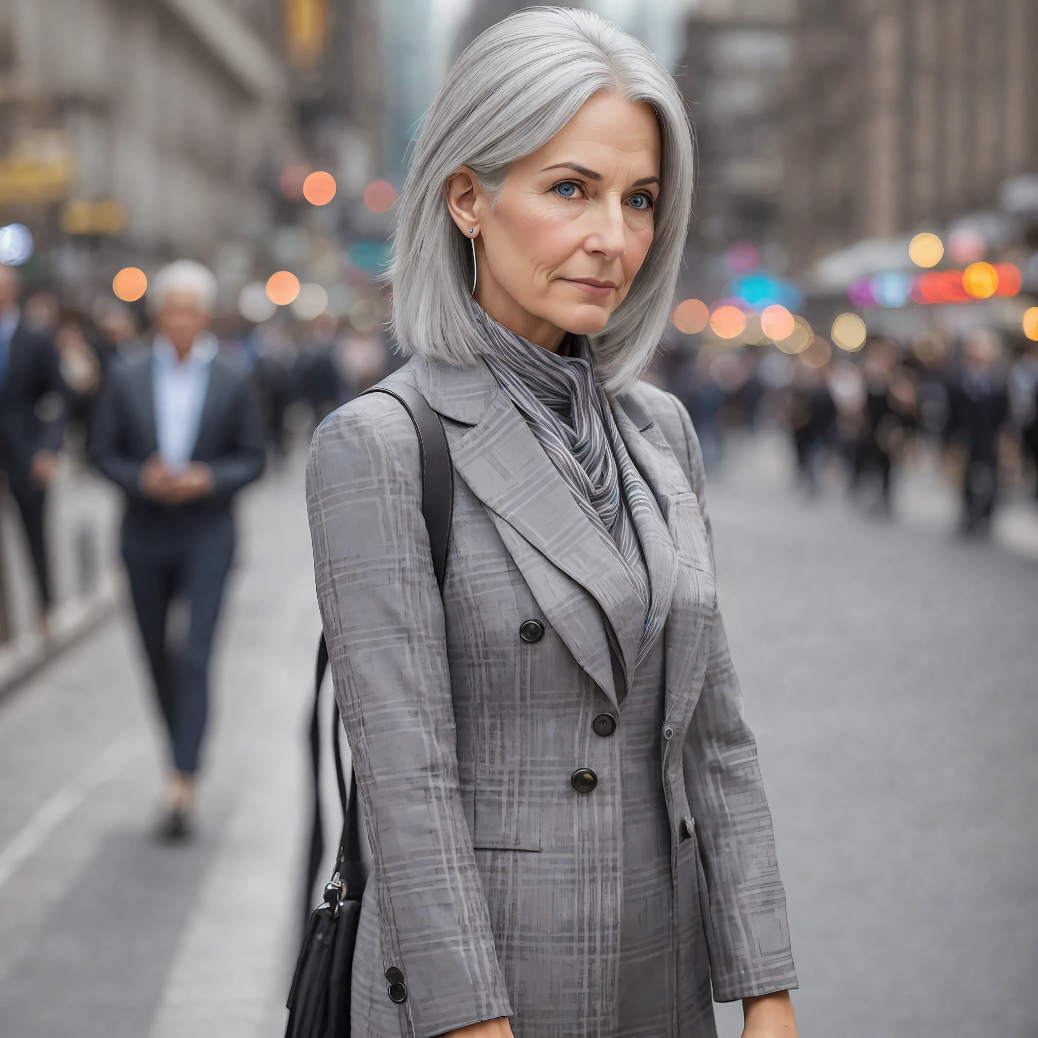 photo of a gray-haired american woman in a stylish suit, on a busy street, award-winning photo, best quality, full body portrait, makeup, smelling, silver hair, makeup, serious, f1.6 lens, (rich colors: 1.1), hyper realistic, realistic texture, hyper realism, (100mm lens) --auto --s2