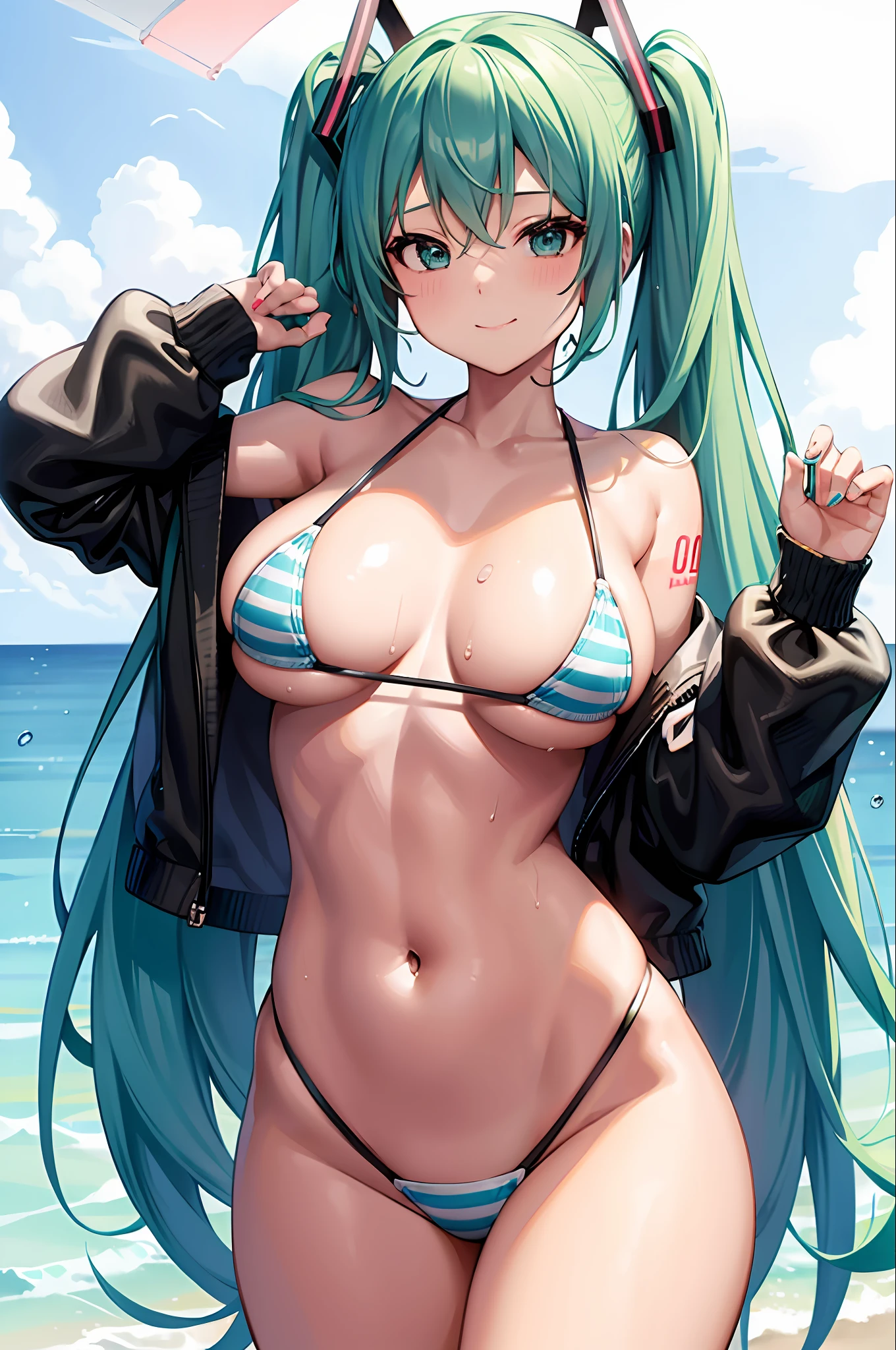 One girl, striped micro bikini, young, cute, beautiful girl, (Hatsune Miku), huge breasts, face and chest close-up, upper body only, wet body, perfect body, smile, seaside, best quality, super high definition, masterpiece,