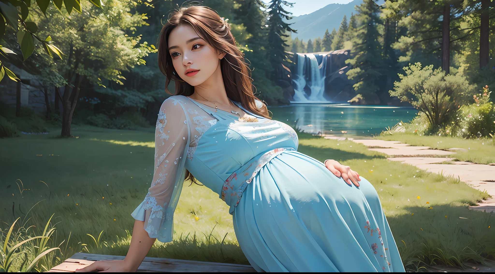 Masterpiece, best quality, (realistic, photorealistic: 1.37), 8k, an extremely refined and beautiful, amazing, fine detail, official art, ridiculous, incredibly ridiculous, huge file size, super detailed, extremely detailed, beautiful meticulous girl, outdoors, pregnant