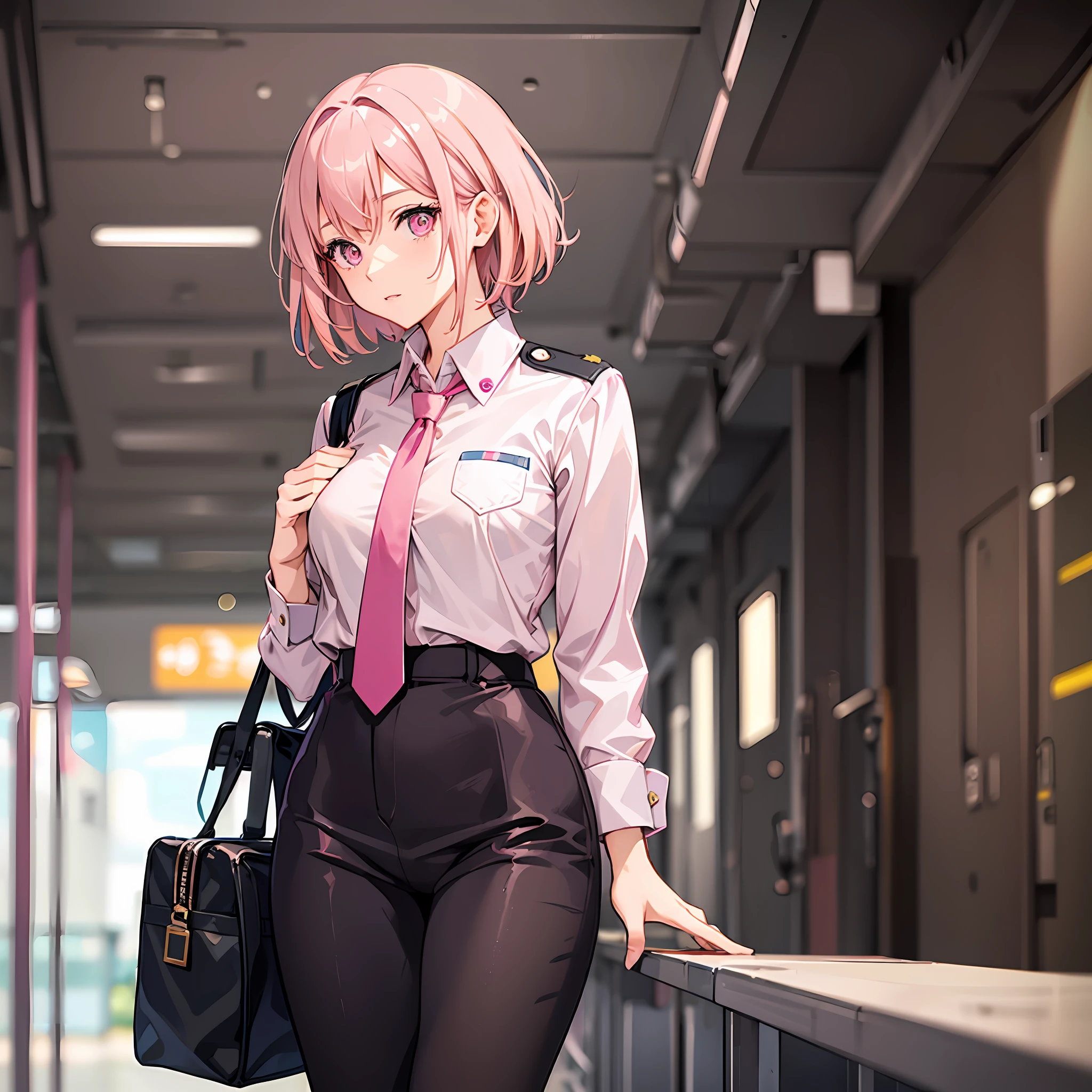 A woman, ((pink hair)), pink eyes, stewardess uniform, adult body, straight short hair, in town