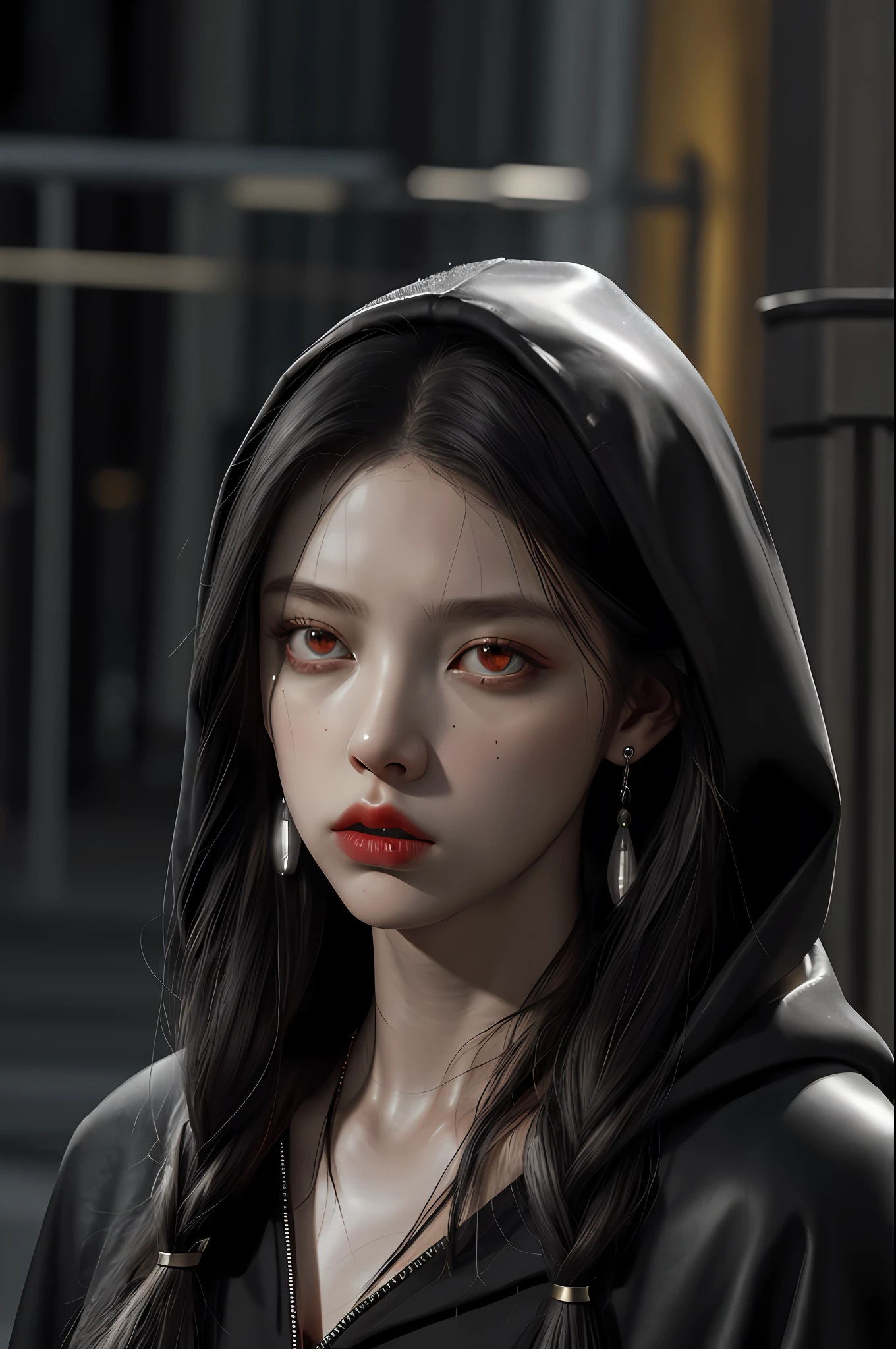 (8k, RAW photos, best quality, masterpiece: 1.2),
1 Girl, Solo, Red Eyes, Jewelry, Earrings, Black Hair, Blood, Hood, Looking at the Audience, Lips, Portrait, Shut Up, Hood, Weapon, Black Cloak, Close Up, Facial Detail, Face Close-up, Gicheme, Street, Rain, (Night: 0.7), (UE Rendering: 1.3), (Soft Light on Face: 1.5), (Dim Light: 1.2), Killer, Fierce Eyes, Killer Image, Delicate Eyes, (Movie Lighting: 1.3), Eyes of Fire, Hair More Than One Eye, (Head Down: 1.1), (3D Unreal Engine: 1.3), Red Eyes, Staring at the Audience, Raindrops, Reflectors, Incandescent Lamps, Yellow Light, Scars on Face, Blood Stains on Face