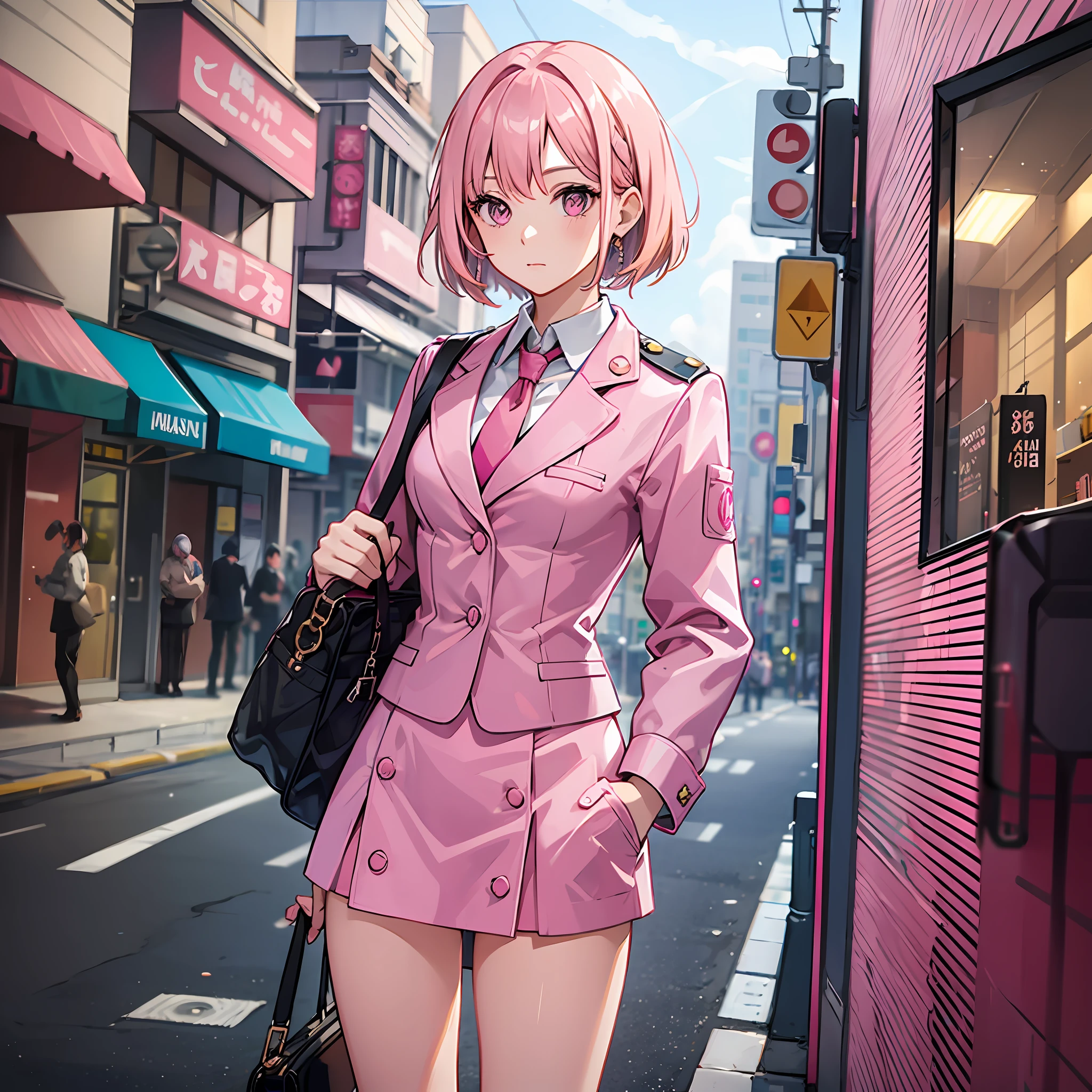 A woman, ((pink hair)), pink eyes, stewardess uniform, adult body, straight short hair, in town