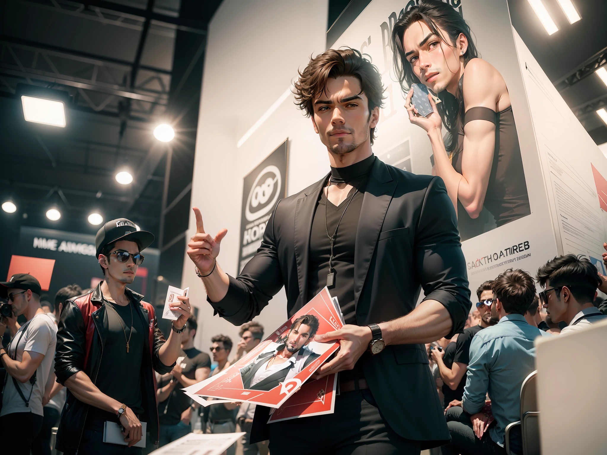 Male celebrity with a serious expression, facing the camera, holding up cards for fans in the background