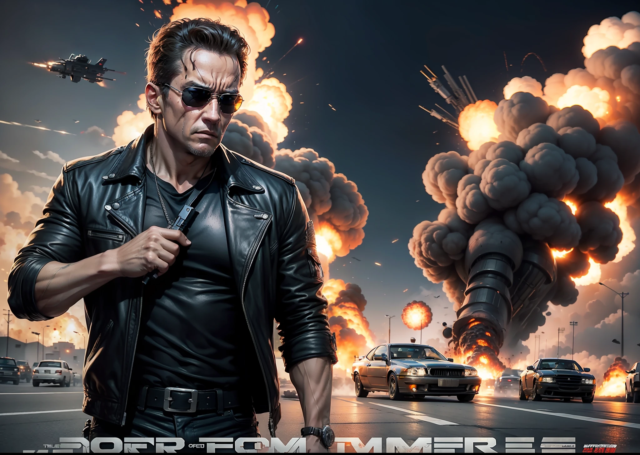 terminator movie poster, explosions, guns, cars, aviões