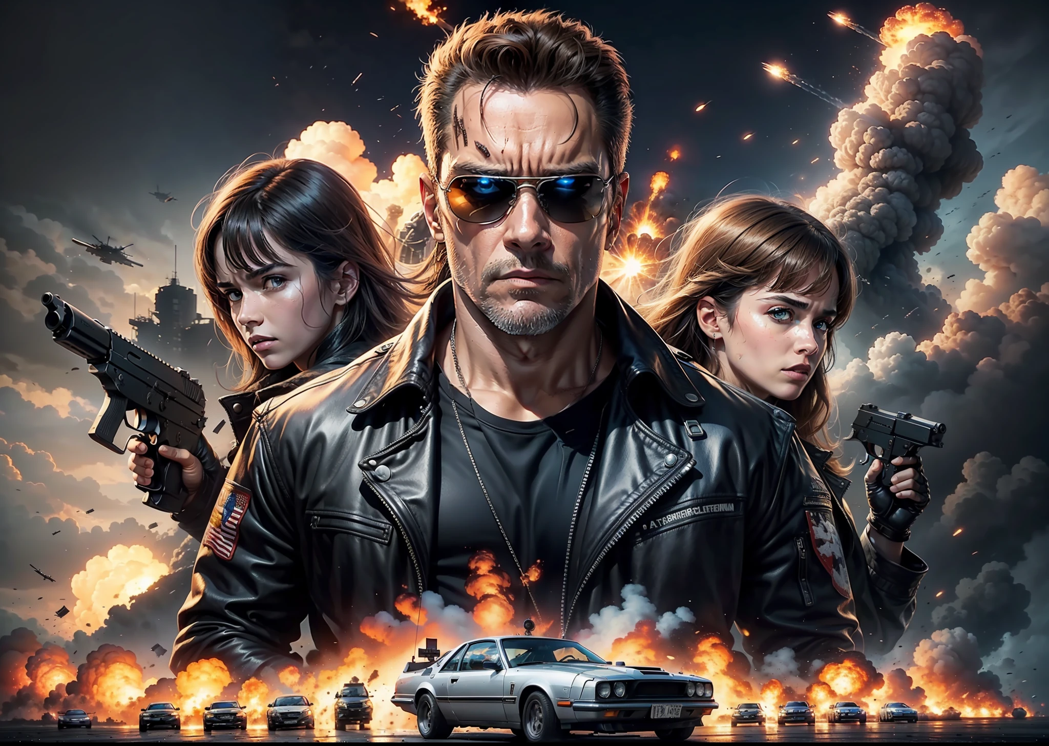 terminator movie poster, explosions, guns, cars, aviões