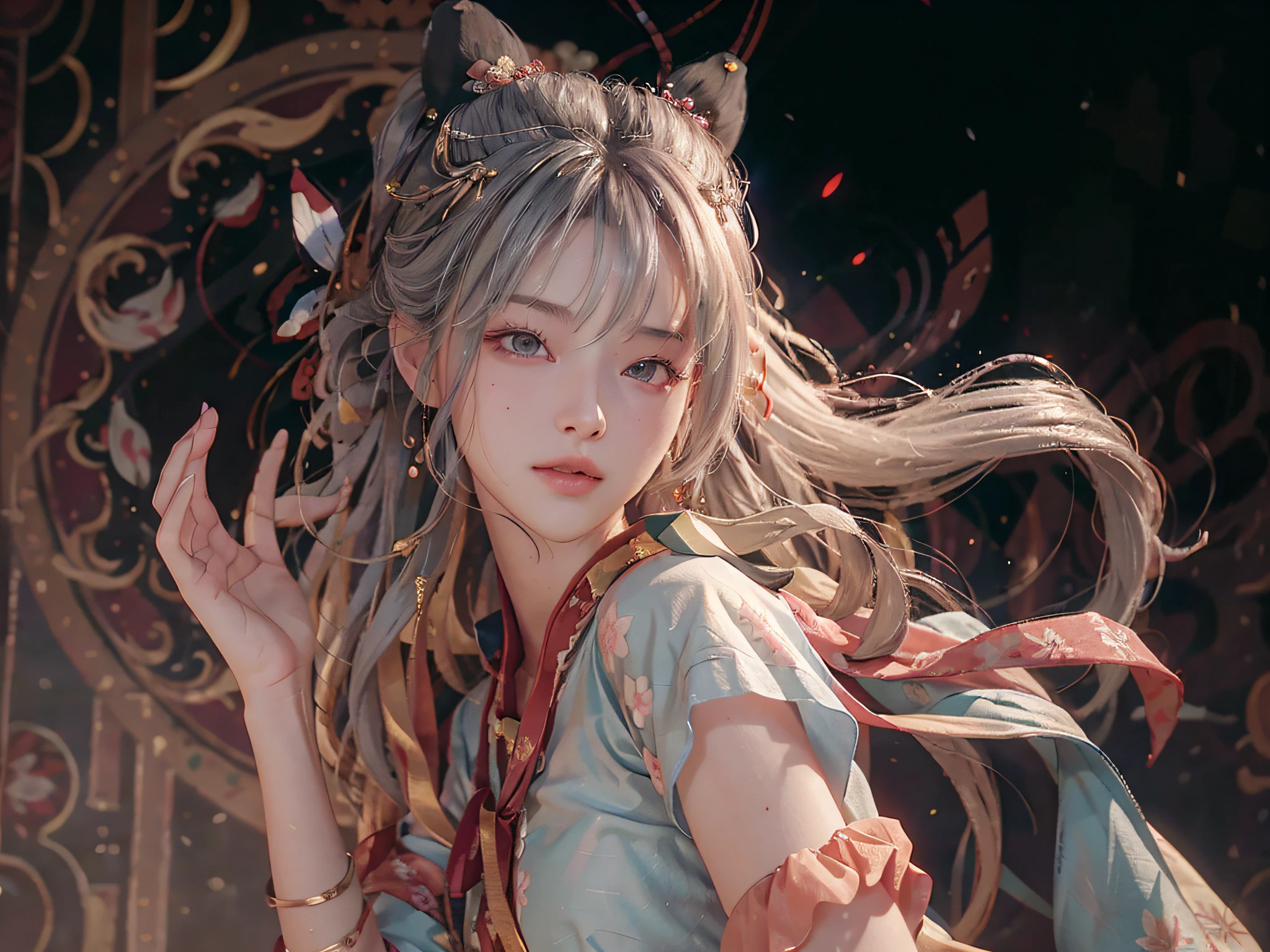 (RAW Photo, Best Quality), (Realistic, Photorealistic Real: 1.3), Best Quality, Highly Detailed, Masterpiece, Ultra Detailed, Illustration, 1 Girl, upper_body, Dynamic Angle, World Mastery Theater, messy_long_hair, Best Quality, Extremely Detailed CG Uniform 8k Wallpaper, Ink, Amazing, Sexy, Peach Blossom Eyes, Gray Hair, Smile, Movie Lights, lens_flare, dunhuang_style