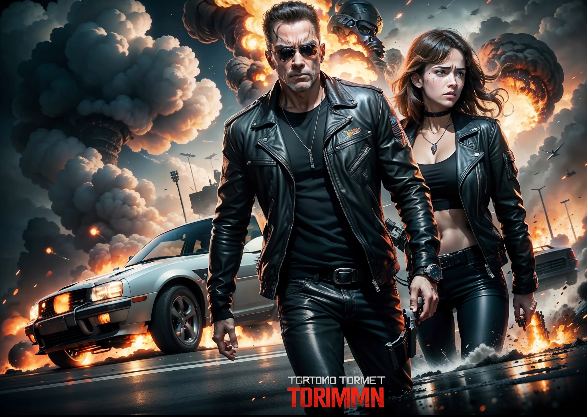 terminator movie poster, explosions, guns, cars, aviões