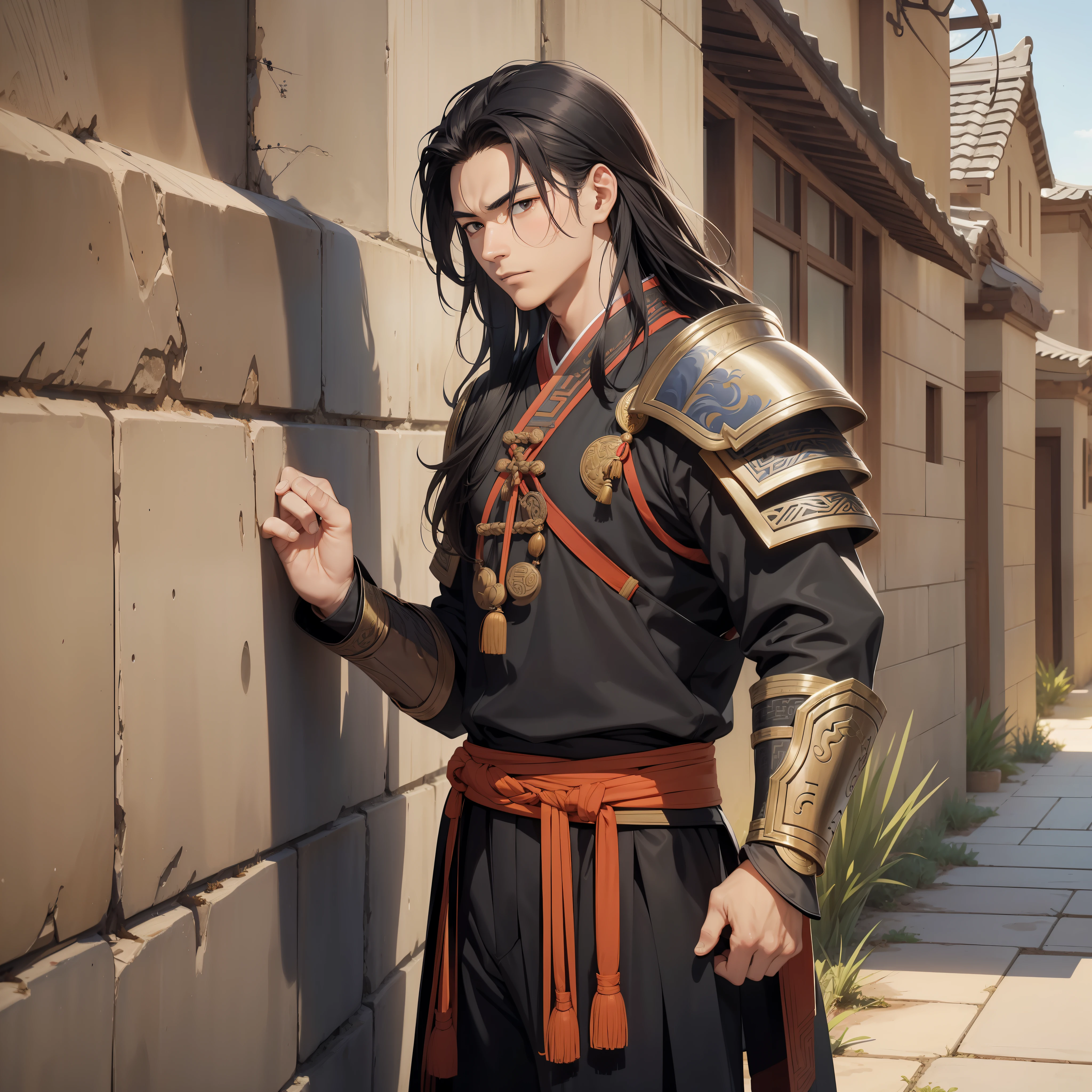 Absurd resolution, high resolution, (masterpiece: 1.4), hyper-detail, ancient Chinese, black long-haired young man standing by the wall holding his hands against the wall (1.3), roaring (1.2), sadness (1.2), warrior in ancient Chinese armor, standing on the ancient city wall (1.3), dusk, fire (leaning against the wall action 1.5) (desert environment 1.5) (handsome man 1.5)