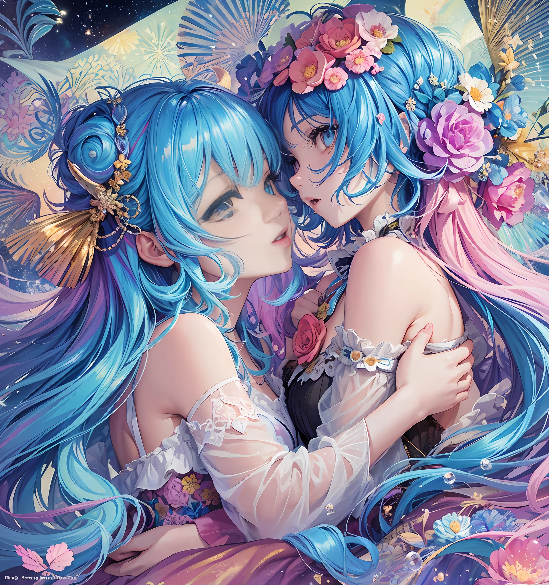 (Masterpiece, Top Quality, Best Quality, Watercolor (Medium), Official Art, Beautiful and Aesthetic: 1.2), (4 Girls: 1.3), Dynamic Kissing, (Fractal Art: 1.3), On the Bed, Upper Body, From the Side, Fantastic, Pattern, (Iridescent Hair, Colorful Hair, Half Blue and Half Pink Hair: 1.2), Sky, Colorful, Soap Bubbles, Deep Kiss