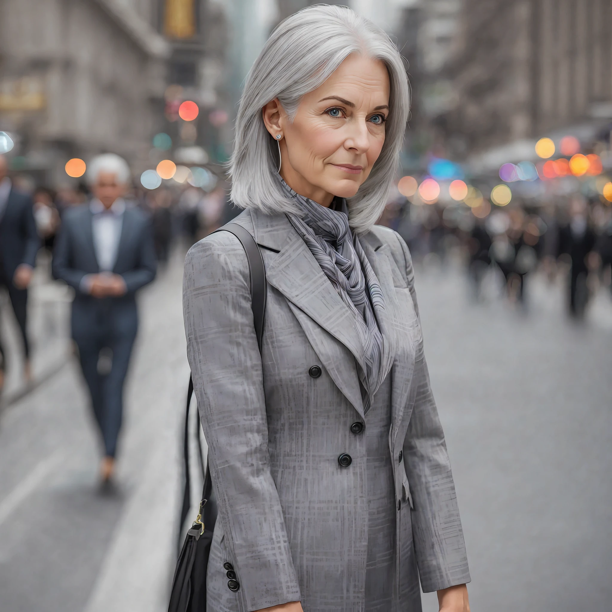 photo of a gray-haired american woman in an elegant suit, chroma green background, award-winning photo, best quality, full body portrait, makeup, smelling, silver hair, makeup, serious, f1.6 lens, (rich colors: 1.1), hyper realistic, realistic texture, hyper realism, (100mm lens) --auto --s2