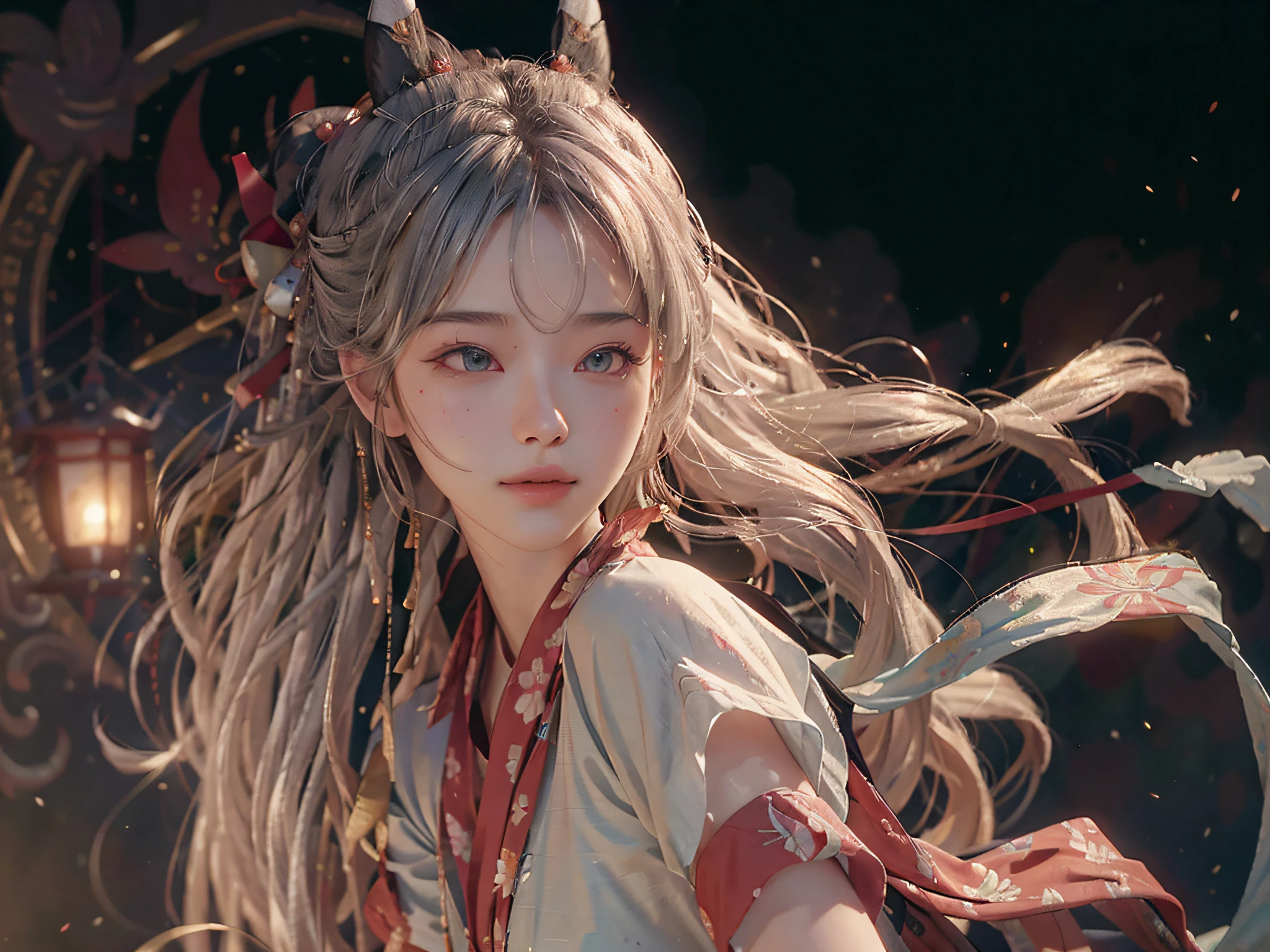 (RAW Photo, Best Quality), (Realistic, Photorealistic Real: 1.3), Best Quality, Highly Detailed, Masterpiece, Ultra Detailed, Illustration, 1 Girl, upper_body, Dynamic Angle, World Mastery Theater, messy_long_hair, Best Quality, Extremely Detailed CG Uniform 8k Wallpaper, Ink, Amazing, Sexy, Peach Blossom Eyes, Gray Hair, Smile, Movie Lights, lens_flare, dunhuang_style