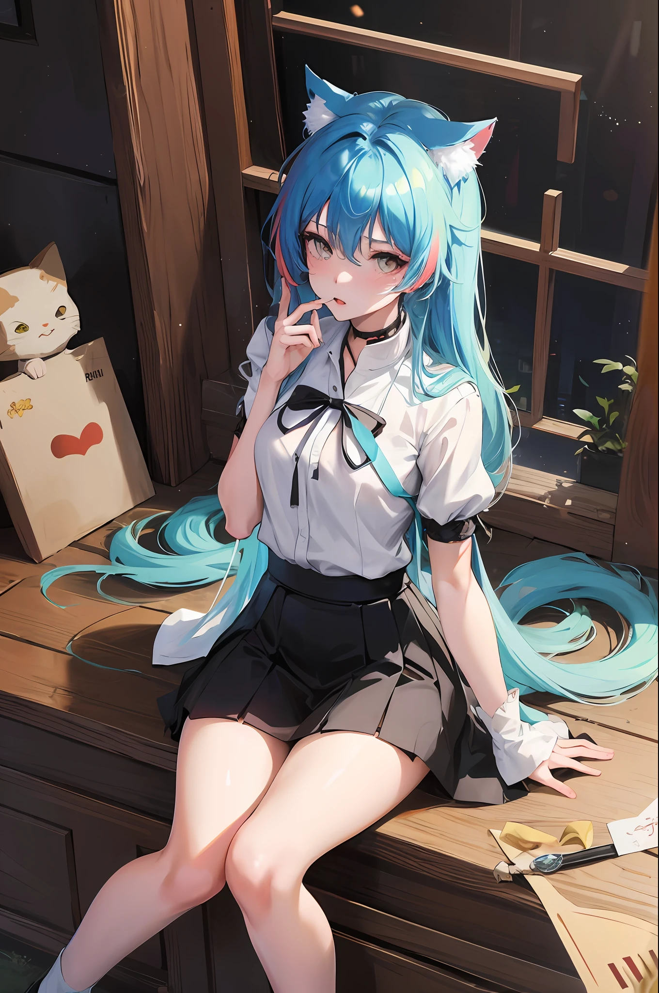 Anime - Style image of a beautiful girl wearing white short sleeves, a short black skirt, multicolored hair, (sitting on the bed 1.3), wearing cat ears on her head, Shi Tao's anime manga, pixiv, fantasy art, seductive anime girls, cute anime waifu wearing beautiful clothes, guvez on pixiv art station, from the girl front, popular on ArtStation Pixiv, Guweiz on ArtStation Pixiv on ArtStation on Pixiv
