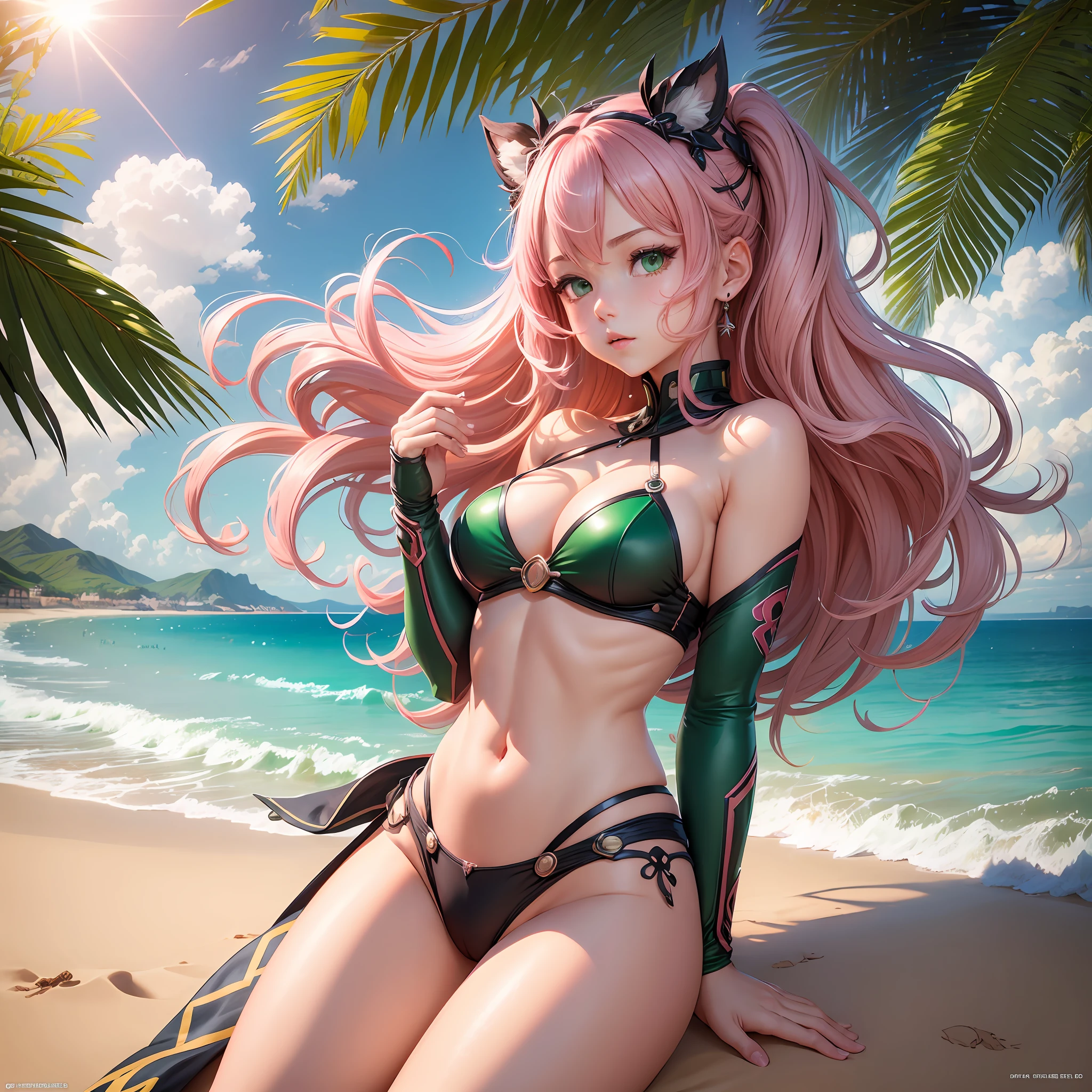 (extremely detailed CG unit 8k wallpaper, masterpiece, best quality, ultra detailed), , pink hair, long hair, green eyes, Beach clothes, sun shining, shiny skin, sun flash, cleavage, small --auto --s2