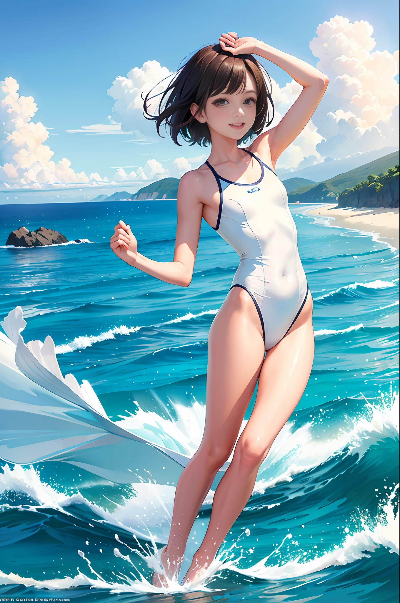 (masterpiece, top quality, best quality, official art, beautiful and aesthetic:1.2), sea, glitter, full body, colorful, slender, one girl, white swimsuit, big smile, gentle pose,, short cut, brown hair, brown eyes, small breasts super detailed face, top quality face