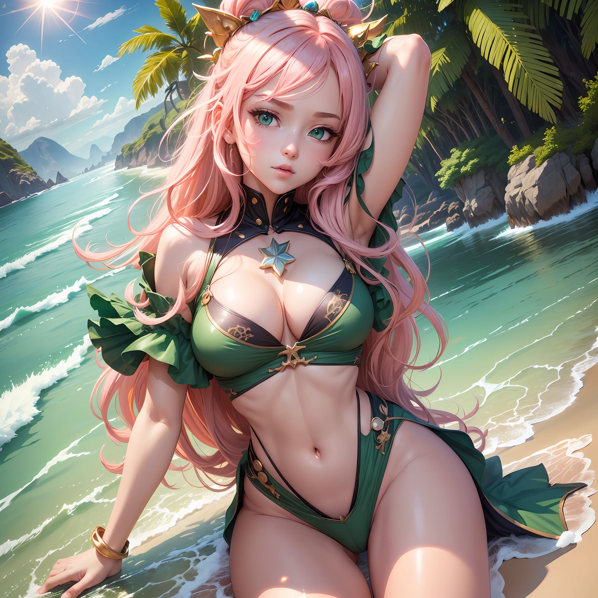 (extremely detailed CG unit 8k wallpaper, masterpiece, best quality, ultra detailed), child, pink hair, long hair, green eyes, Beach clothes, sun shining, shiny skin, sun flash, cleavage, small --auto --s2