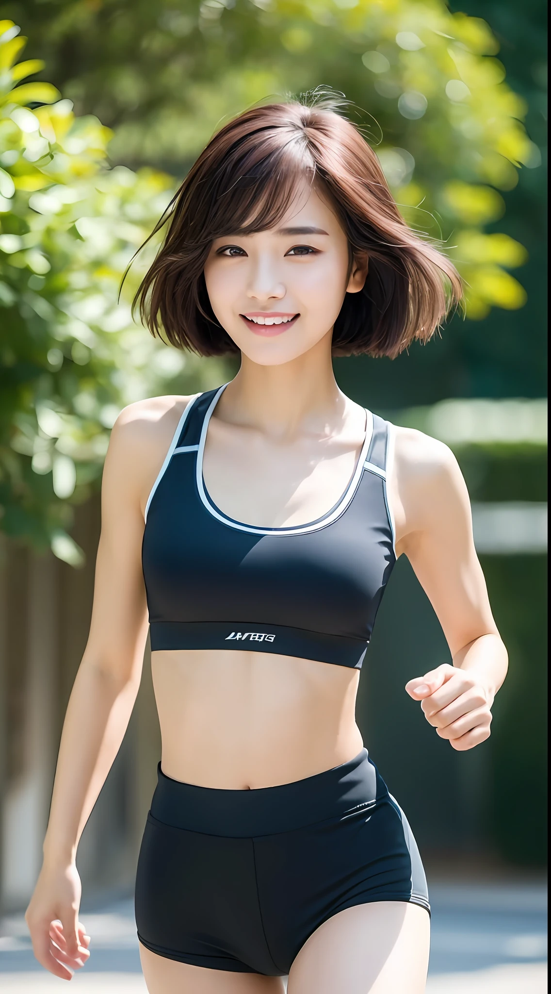 ((Top Quality, 8k, Masterpiece: 1.3)), Sharp Focus: 1.2, Perfect Body Shape: 1.4, Big, Slender Abs: 1.2, (Layered Haircut, Big: 1.8), (Sports Bra: 2.0), (Jogging: 1.8), (Street: 1.2), Highly Detailed Face and Skin Texture, Detailed Eyes, Double Eyelids, Smile, Bokeh,