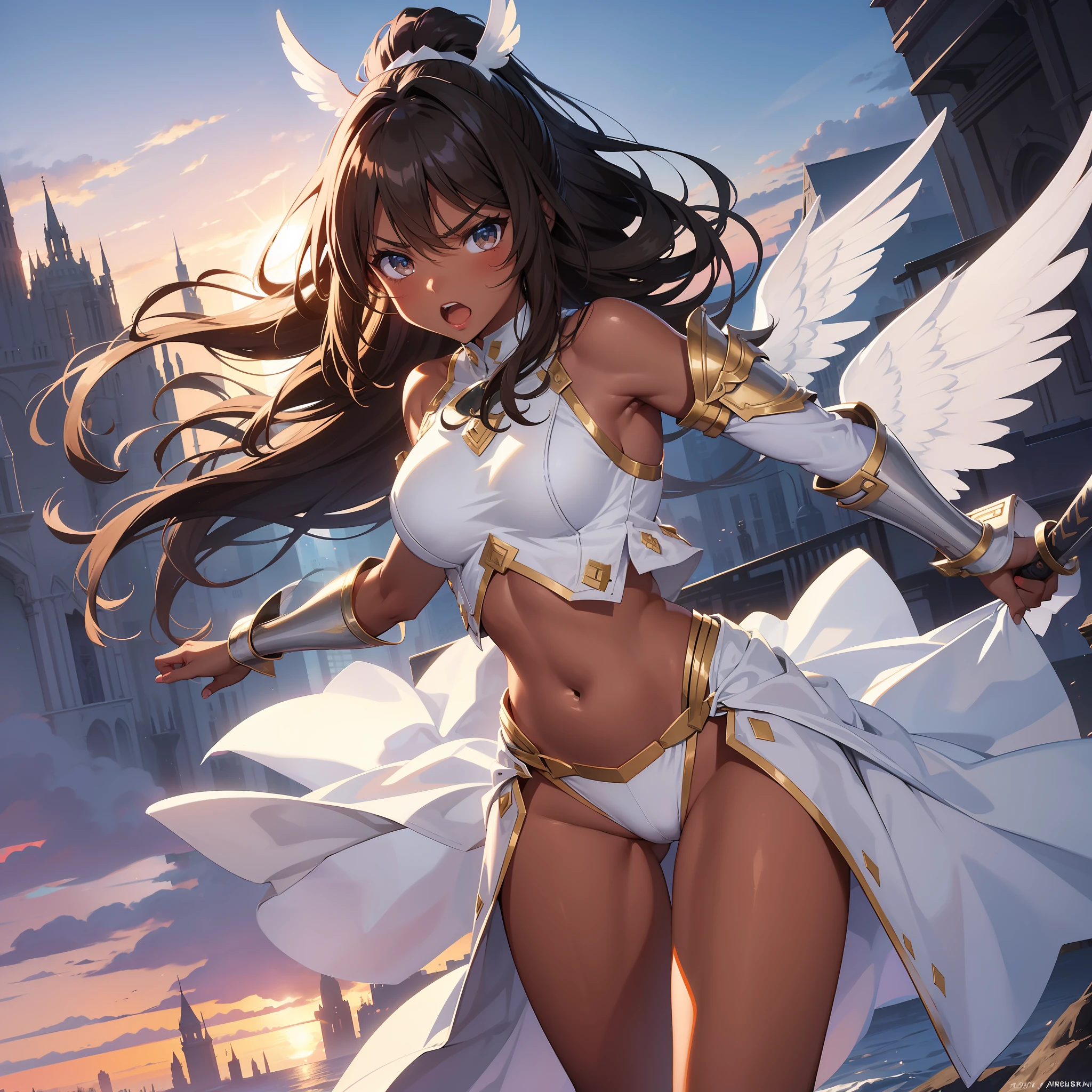 fantasy, 1angel_girl, , brown_hair, ponytail_hair, (dark_skin)+, bare_shoulder, navel, thigh,silver_shiny_armor, white_clothes,waist_armor, glebe, hold_swords, big_, angry, dynamic_fighting_pose, floating, (1pair_white_wings), sunrise_city_background,(pelvic_curtain)++, open_mouth, headgear, large_ass