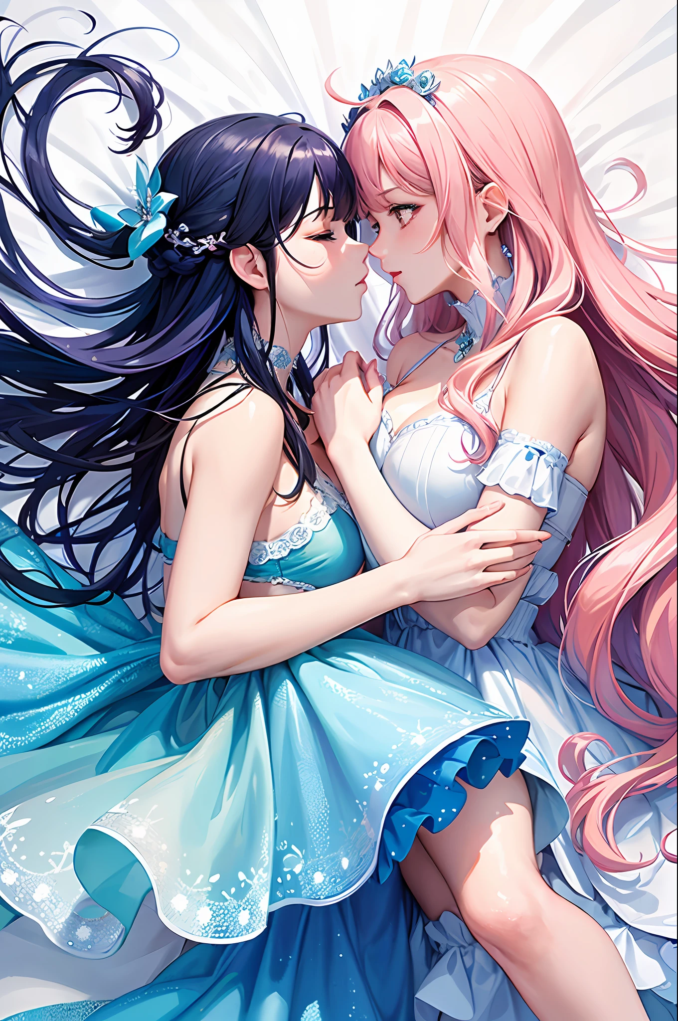 (Masterpiece, Top Quality, Best Quality, Watercolor (Medium), Official Art, Beautiful and Aesthetic: 1.2), (2 Girls: 1.3), Dynamic Kiss, (Fractal Art: 1.3), On the Bed, Upper Body, From the Side, Fantastic, Pattern, (Iridescent Hair, Colorful Hair, Half Blue and Half Pink Hair: 1.2), Sky, Colorful, Soap Bubbles, Deep Kiss