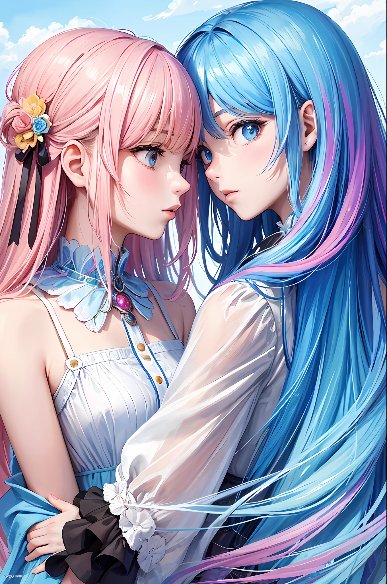 (Masterpiece, Top Quality, Best Quality, Watercolor (Medium), Official Art, Beautiful and Aesthetic: 1.2), (2 Girls: 1.3), Dynamic Kissing, (Fractal Art: 1.3), Upper Body, From the Side, Fantastic, Pattern, (Iridescent Hair, Colorful Hair, Half Blue and Half Pink Hair: 1.2), Sky, Clouds, Colorful, Soap Bubbles