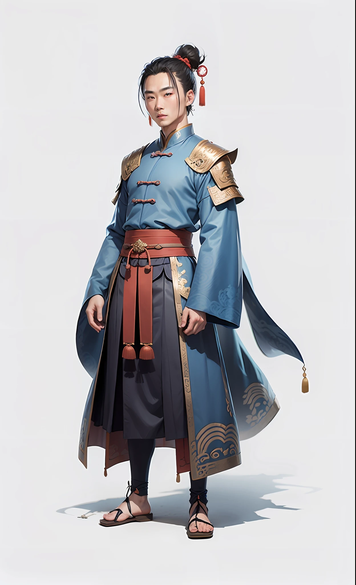 Ancient Chinese male, full body photo, gray background, blue clothes