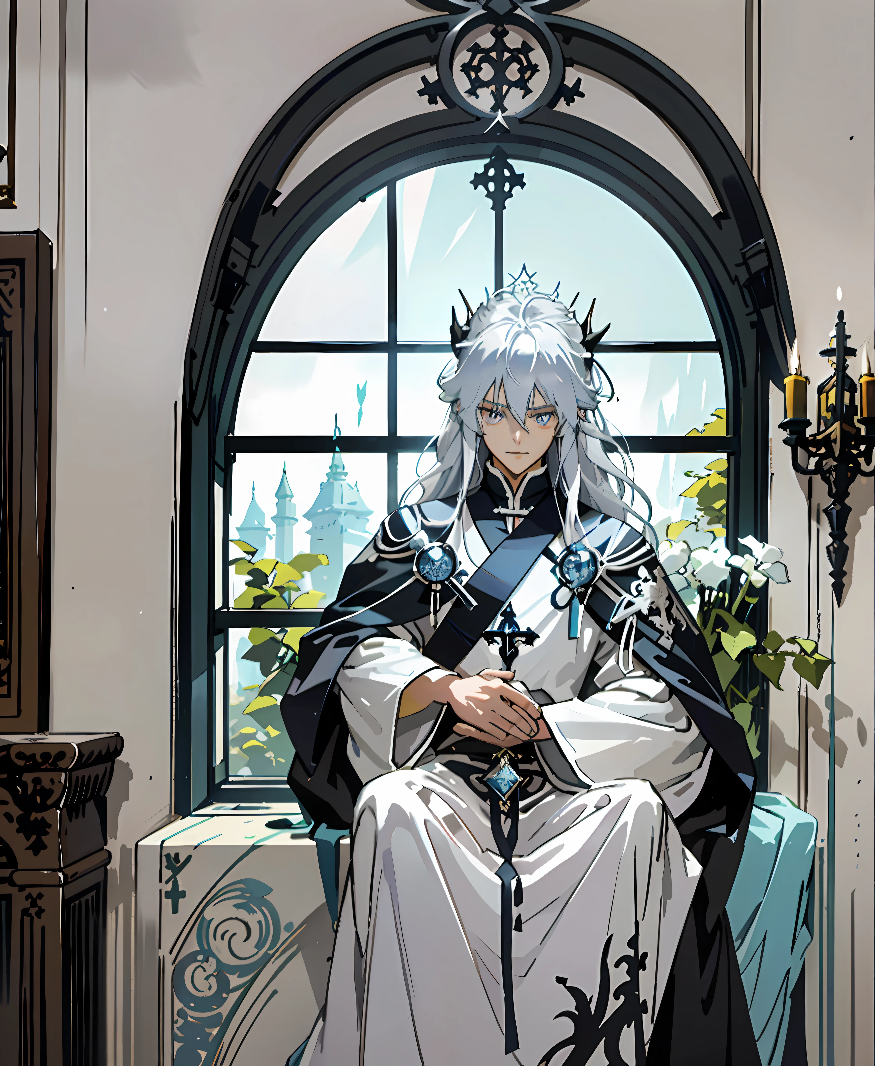 In front of the colored window, a long-haired male cleric with silver hair in the anime dressed in white stands in front of the window. The character he plays is Guviz, a mysterious figure with the priesthood of a silver-haired god, and a typical image of the Pope. Fine anime art, derived from Pixiv, ArtStation, and popular productions from Arknights and Demon Slayer, the detailed description and design of the anime character has been fully optimized.