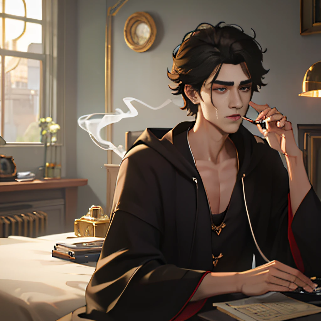 A 20-year-old boy with short hair in a black robe, puzzled, smoking, playing with mobile phone in hand, bedroom, bed, lamp, window, computer, upper body display, masterpiece, textured skin, high quality, high resolution