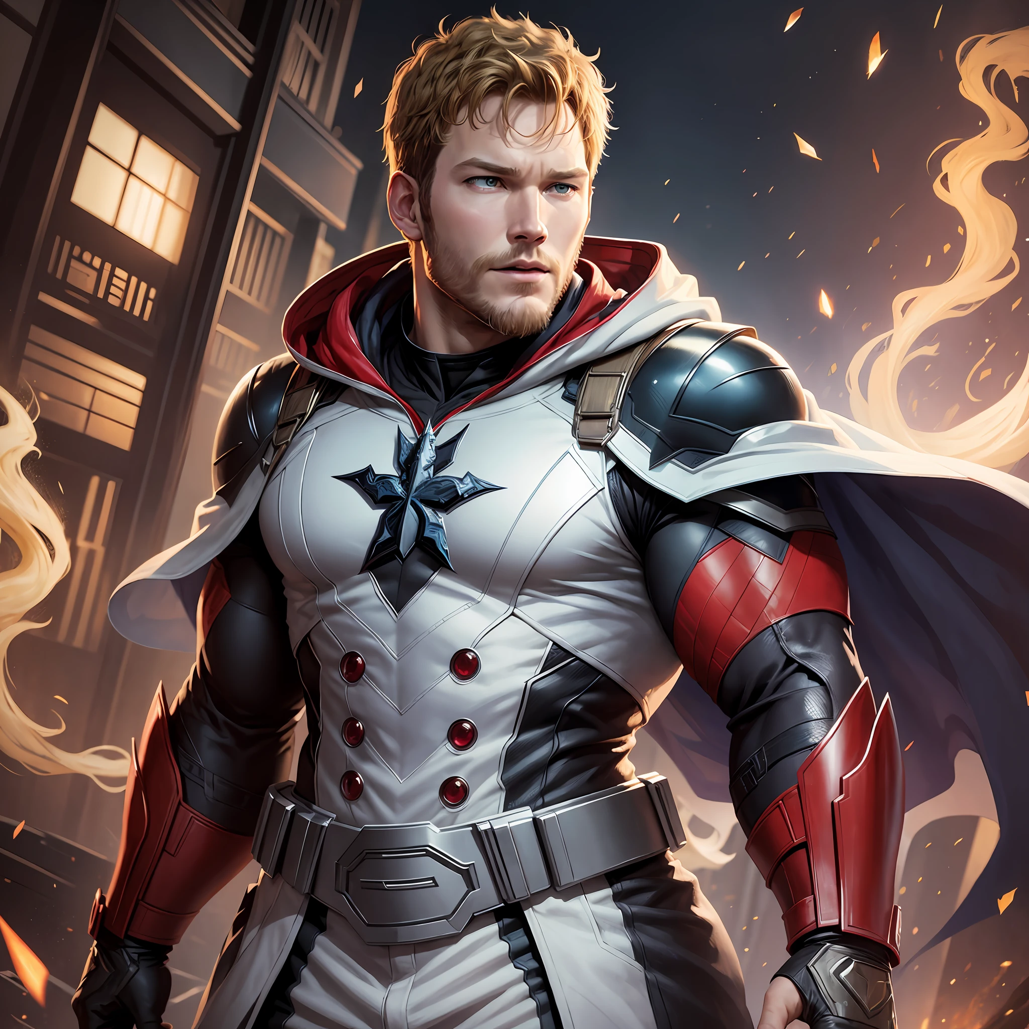 Chris Pratt, Avengers, Venom, beard, white coat, blonde, mix, masterpiece, top quality, cloak, red thunder