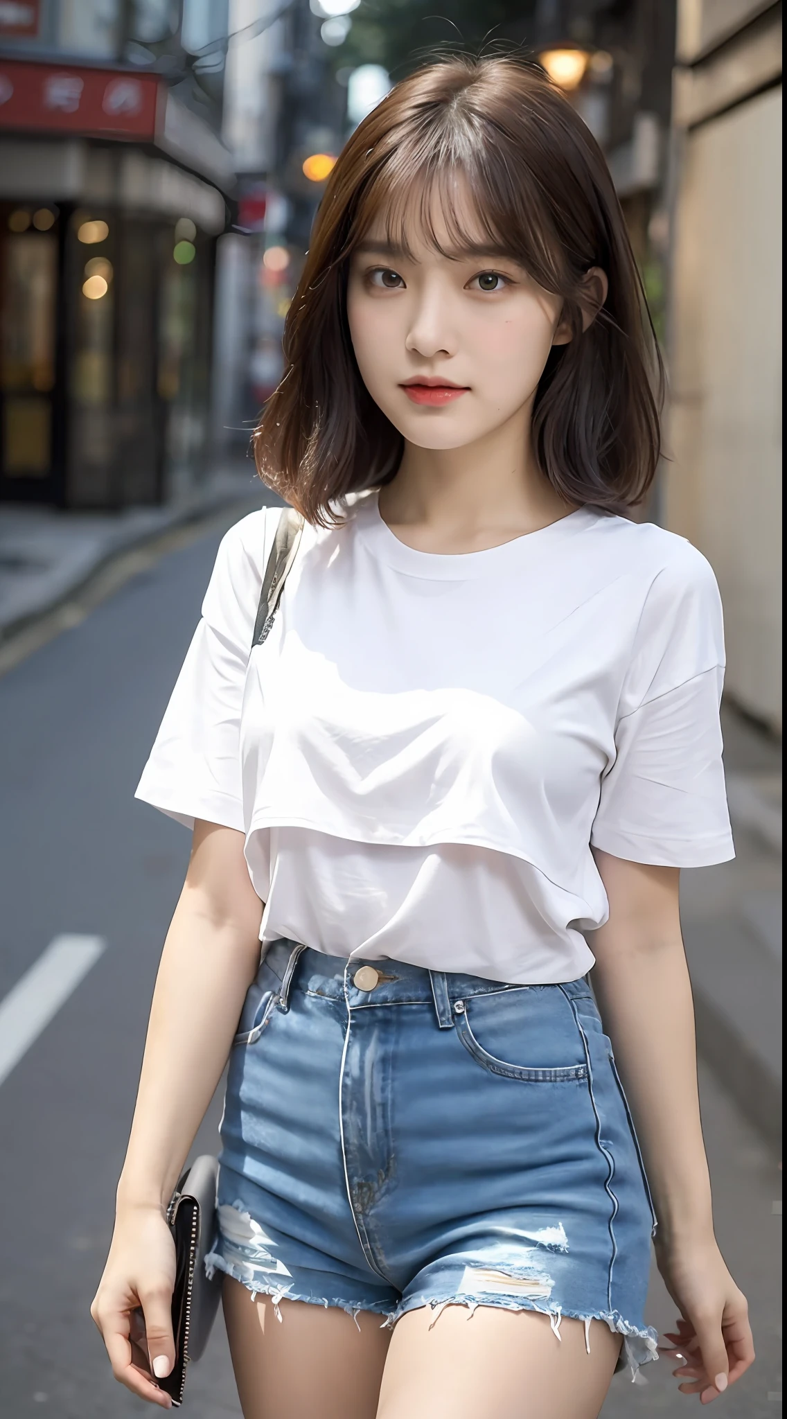 ((Best Quality, 8K, Masterpiece: 1.3)), (Japanese Cap: 1.3), Focus: 1.2, Perfect Body Beauty: 1.4, Buttocks: 1.2, (Layered Haircut: 1.2)), (Dark Street: 1.3), Highly Detailed Face and Skin Texture, Fine Eyes, Double Eyelids, Whitened Skin, Long Hair, (Round Face: 1.5), (Short Sleeves, Shorts: 1.6)