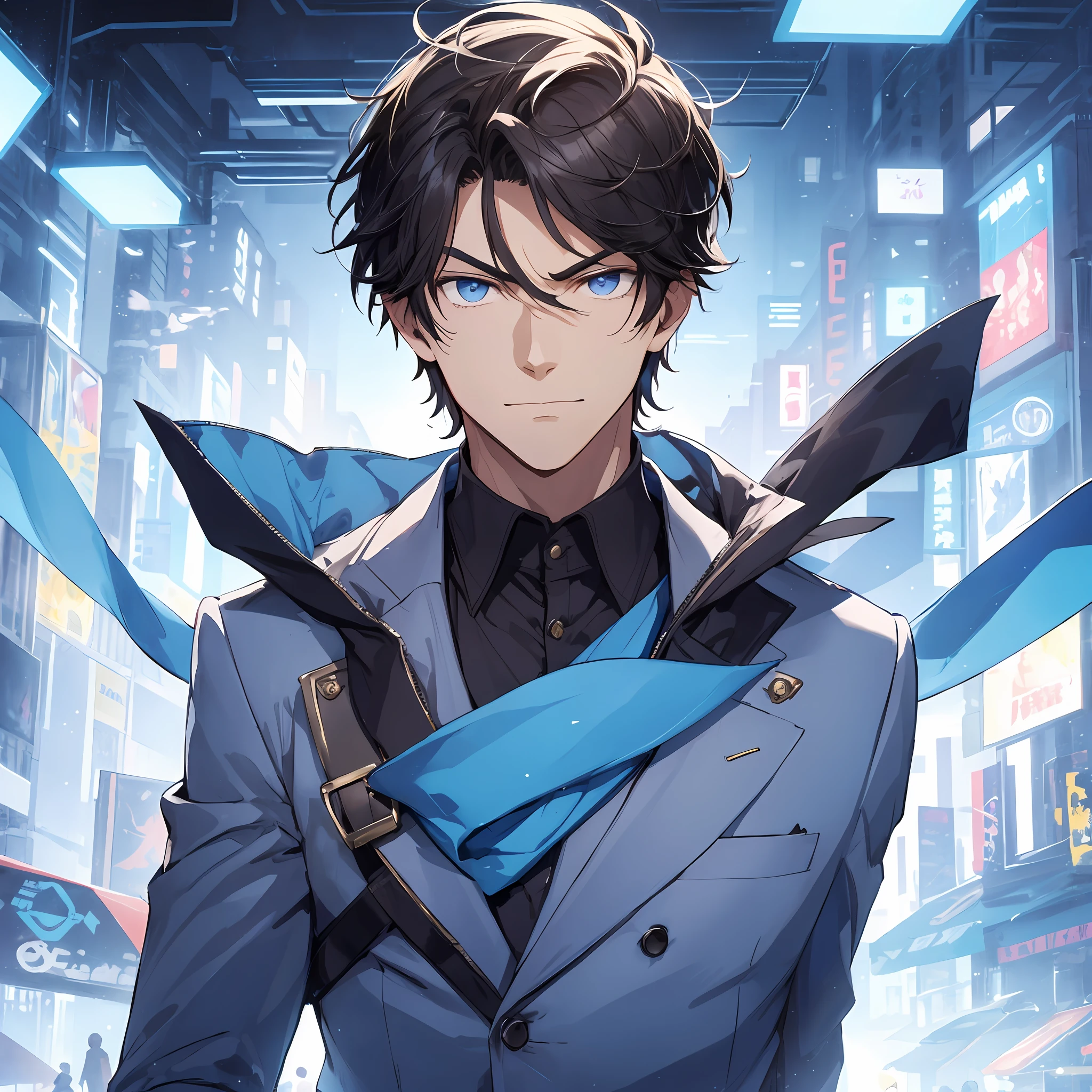 A handsome boy with a very arrogant expression, the background is a blue light city, up close