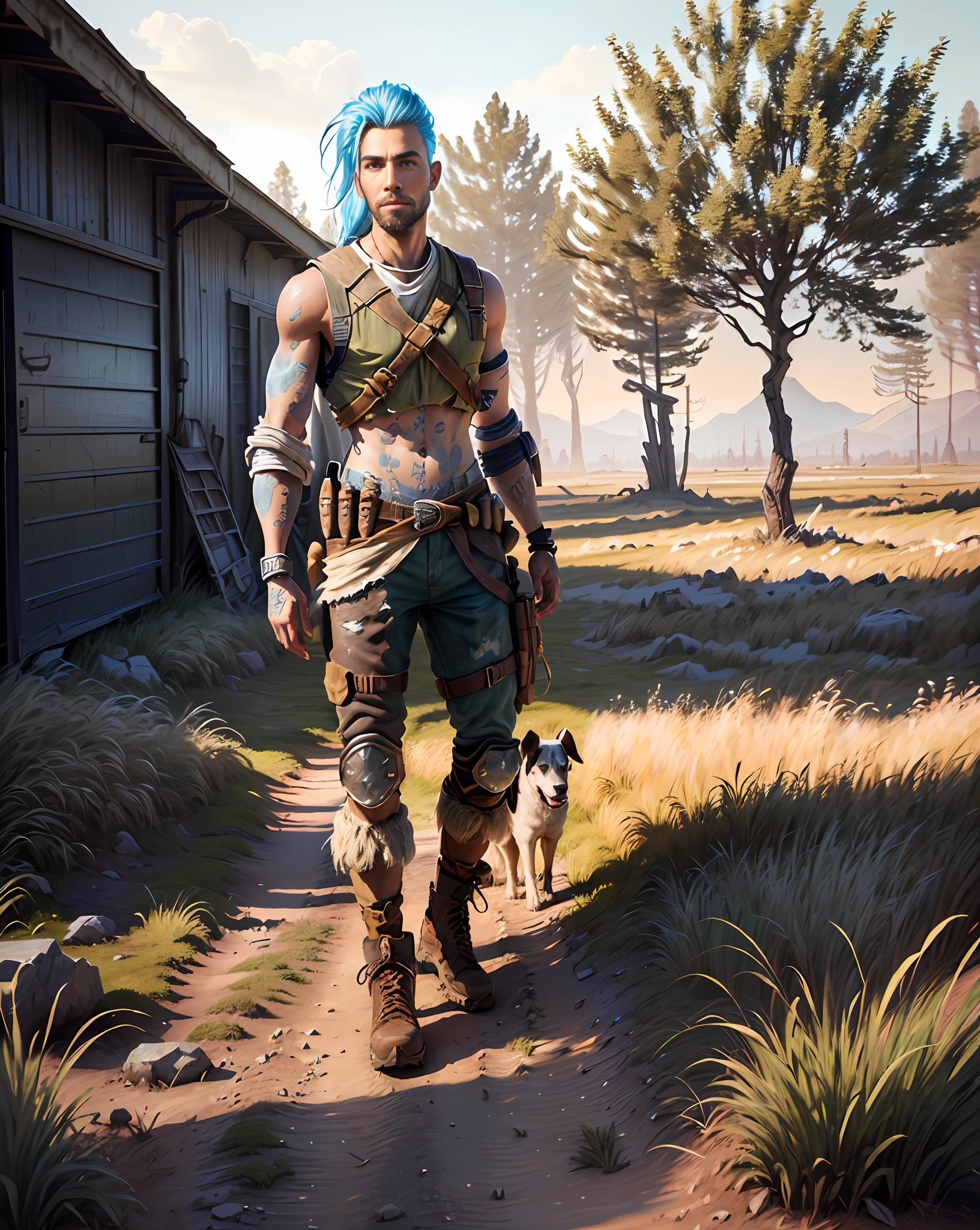 painting of a man standing in a field with a dog, realistic scene, hyper realistic adventure render, realistic fantasy render, in a post-apocalyptic setting, 3 d stylized render, standing on wasteland, photorealistic content, white shorts and hiking boots, photorealistic full body, photorealistic style, full body hyperdetailed shot, Nordic tattoos on the arm and leg..