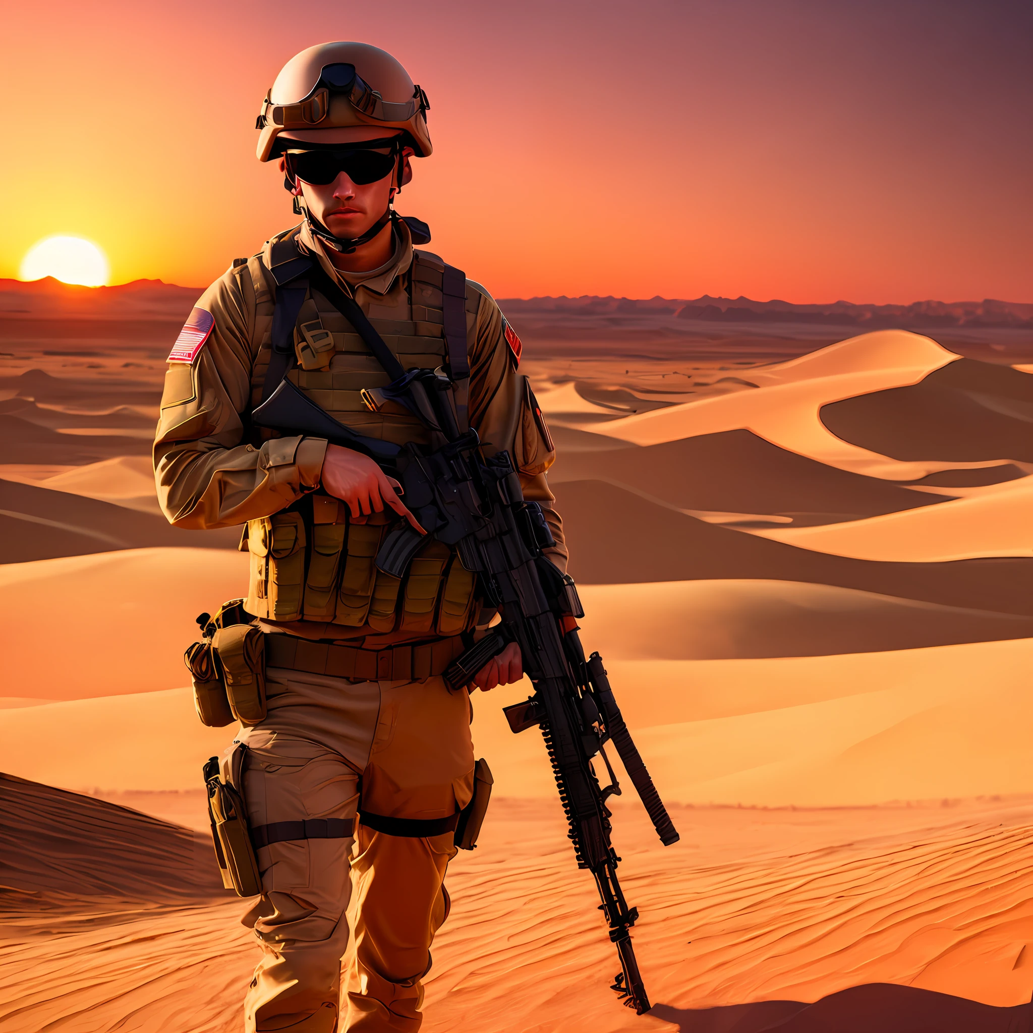 araffe soldier in desert with rifle and rifle in hand, american soldiers invaded mars, desert nomad, in a serene vast desert, sand desert fantasy, solo male weary soldier, military art, wandering the desert landscape, desert sunrise in the background, sunset in the desert, walking in the desert, military photography, in a dusty red desert, rugged soldier