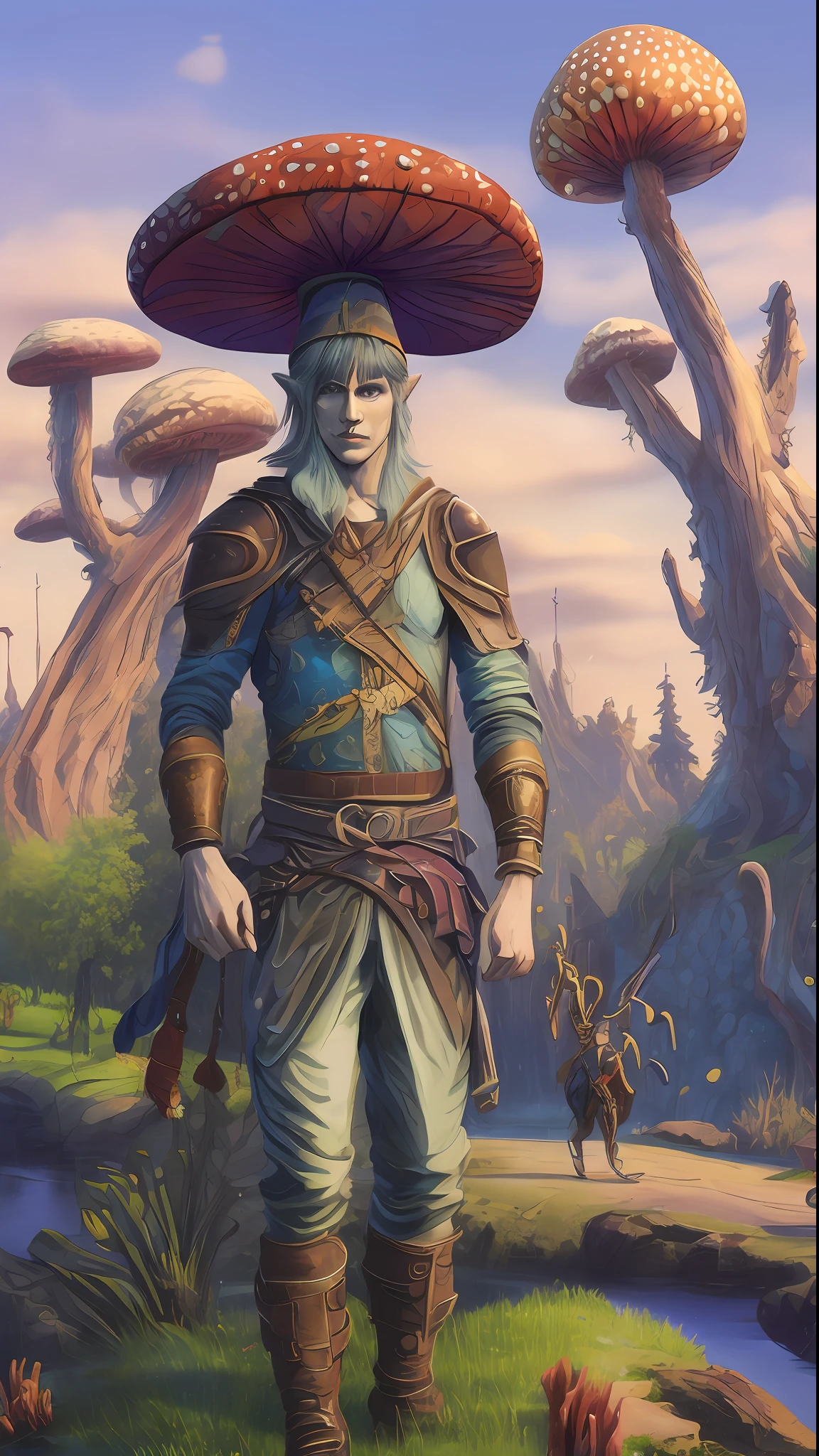 Elf Male Warrior riding a huge, surreal, NCWINTERS masterpiece in a mysterious country town, masterpiece, intricate details, ff14style, urban painting, bridge, river, giant mushroom, landscape, bright colors,